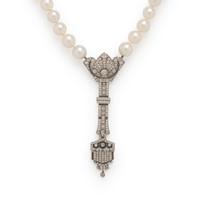 Cultured Pearl, Diamond, and Platinum Necklace