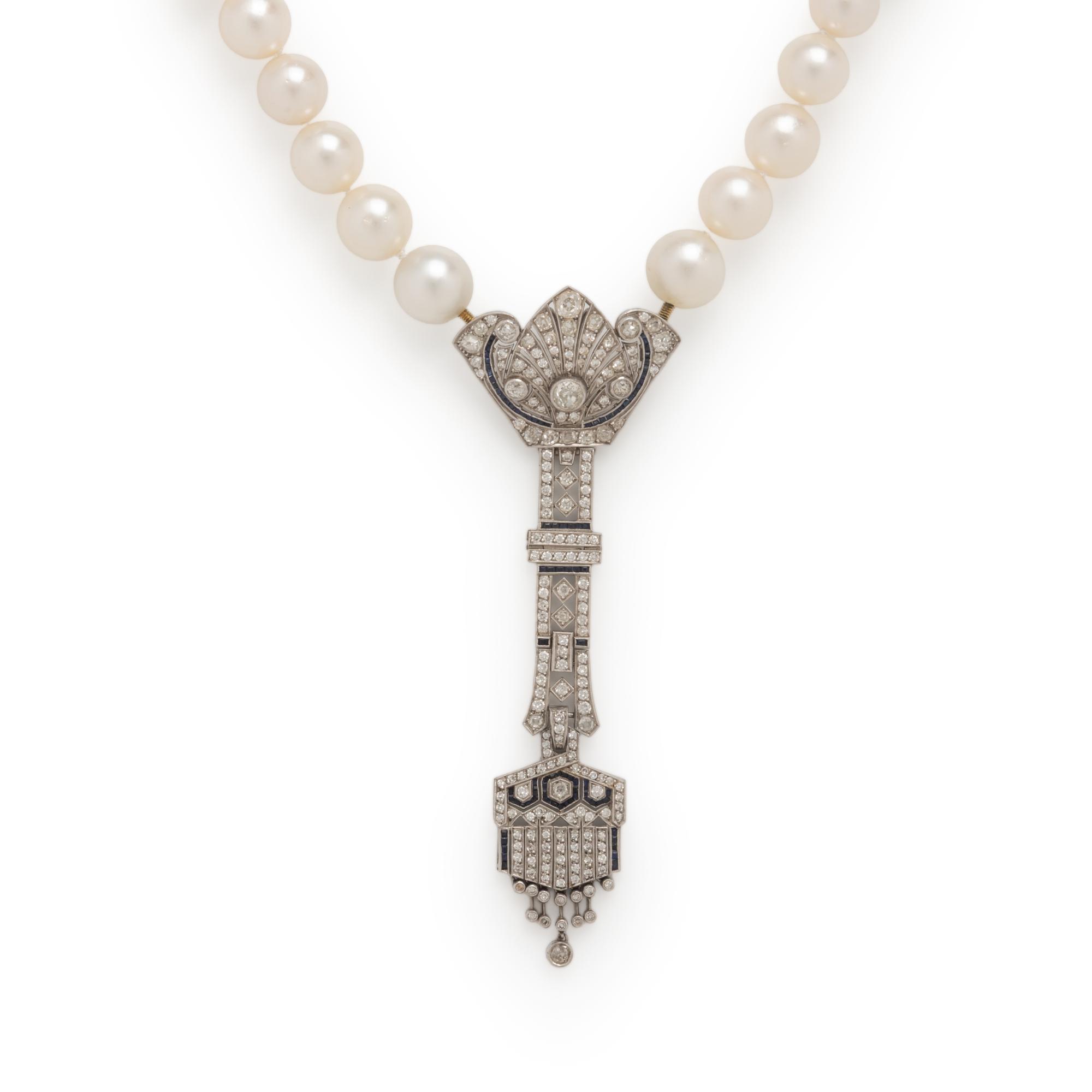 Cultured Pearl, Diamond, and Platinum Necklace