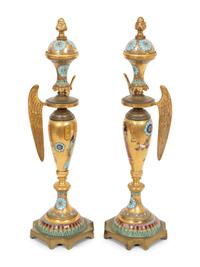 A Pair of Continental Egyptian Revival Porcelain and Gilt Bronze Urn Ornaments