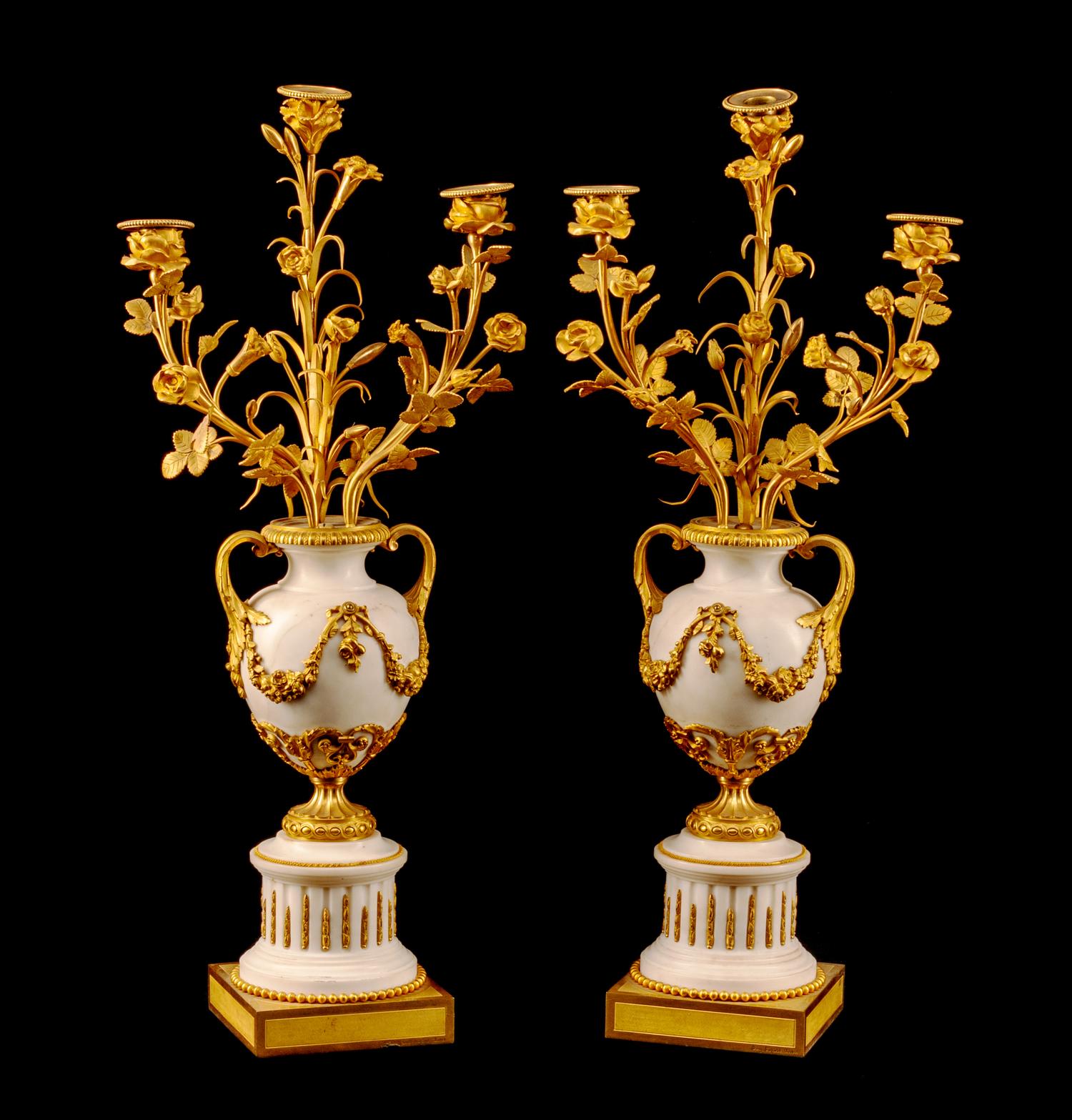 A Pair of Louis XV Style Gilt Bronze and Marble Three-Light Candelabra