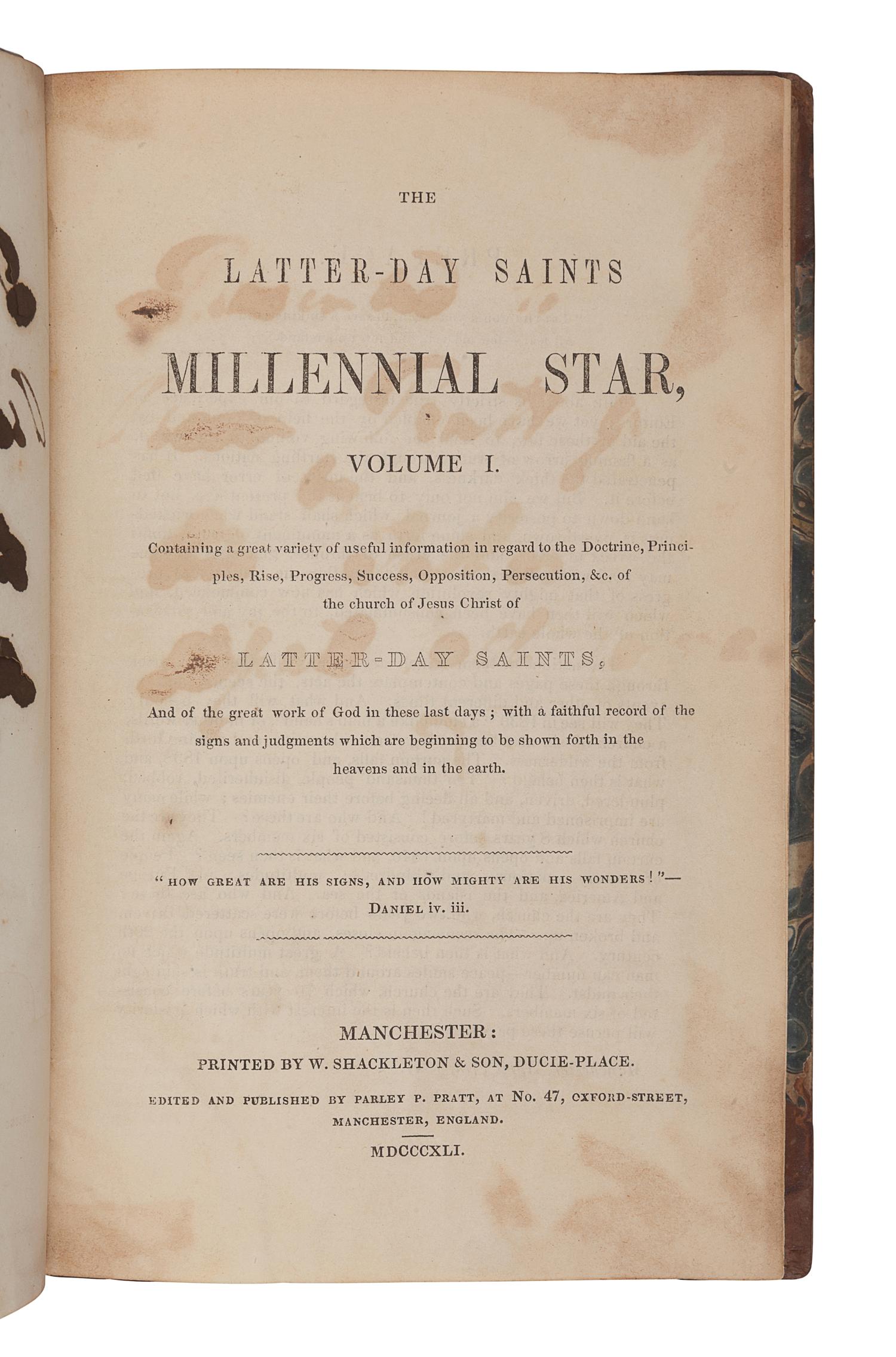 [MORMONISM]. [PRATT, Orson (1811-1881), his copy]. The Latter-Day Saints Millennial Star, Volume I . Manchester: W. Shackleton & Son, 1841.