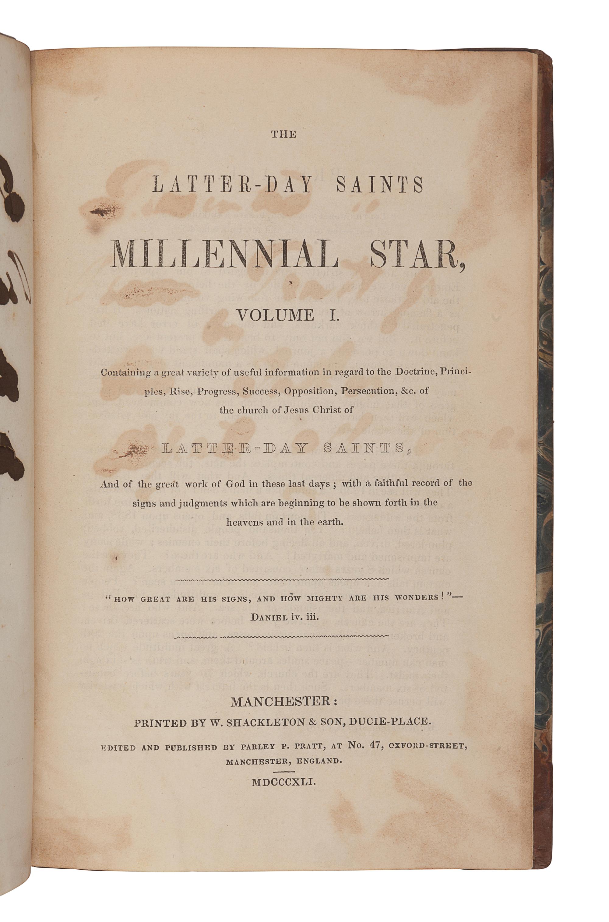 [MORMONISM]. [PRATT, Orson (1811-1881), his copy]. The Latter-Day Saints Millennial Star, Volume I . Manchester: W. Shackleton & Son, 1841.