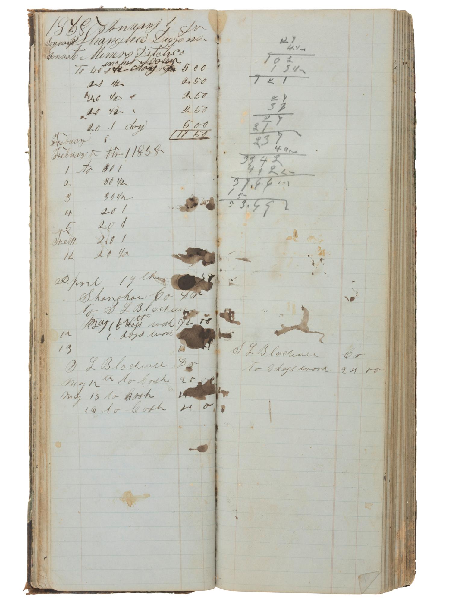 America in Manuscript [CALIFORNIA GOLD RUSH]. Shanghai Company Day Book. Snow Point, [Nevada County, California], ca 1855-1870s.
