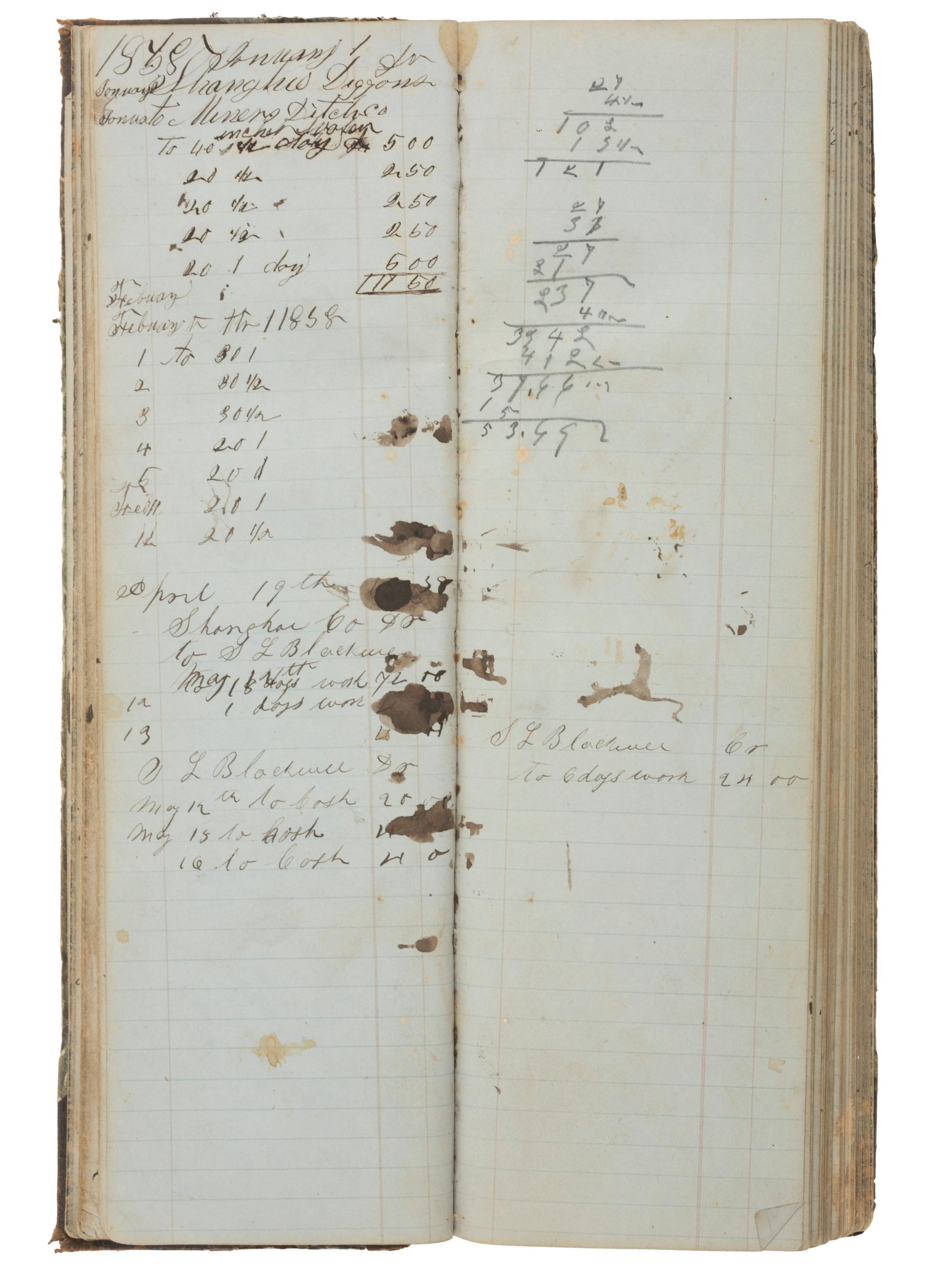 America in Manuscript [CALIFORNIA GOLD RUSH]. Shanghai Company Day Book. Snow Point, [Nevada County, California], ca 1855-1870s.