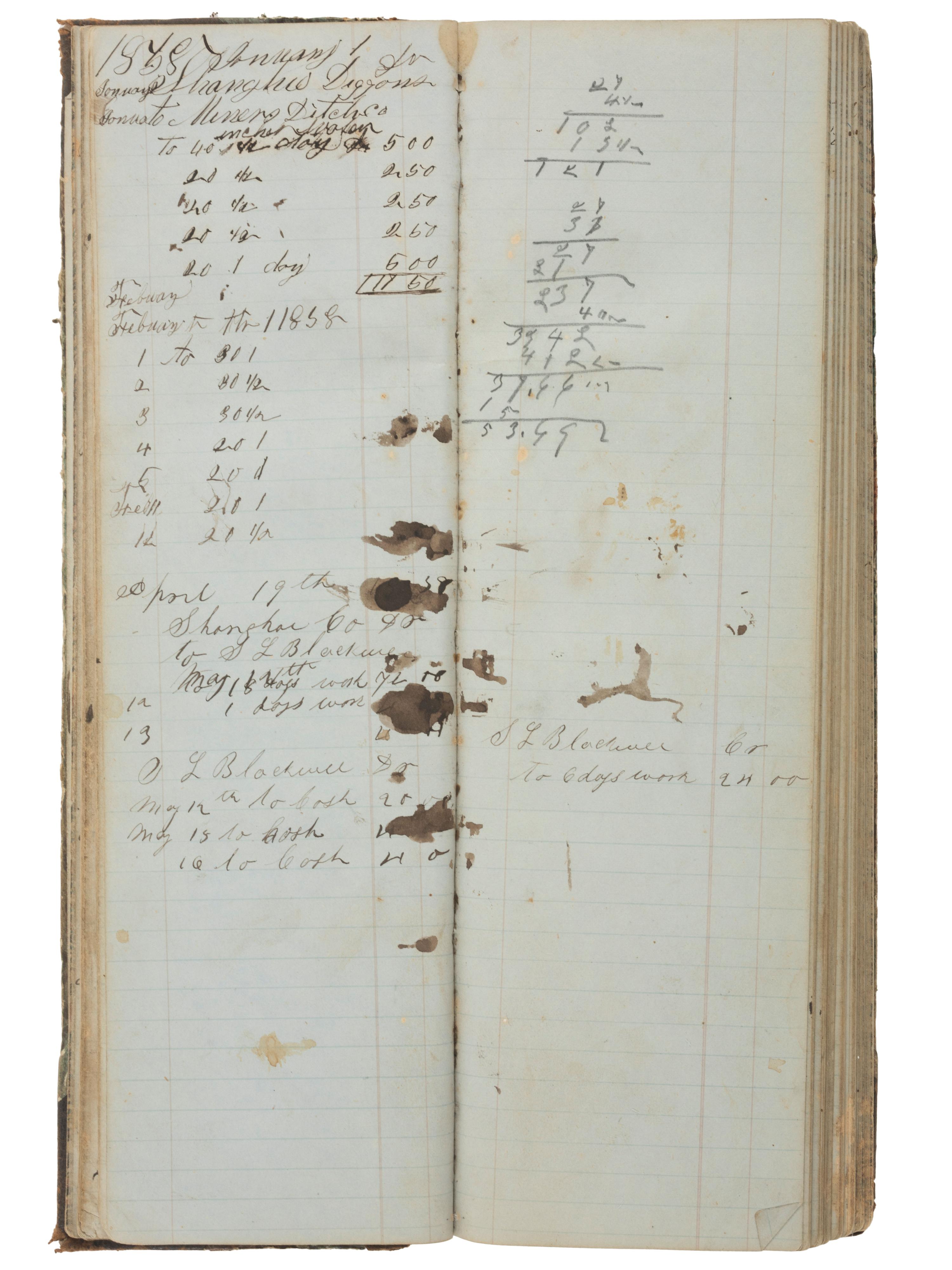 America in Manuscript [CALIFORNIA GOLD RUSH]. Shanghai Company Day Book. Snow Point, [Nevada County, California], ca 1855-1870s.