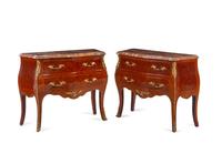 A Near Pair of Louis XV Style Gilt Metal Mounted Parquetry Marble-Top Commodes