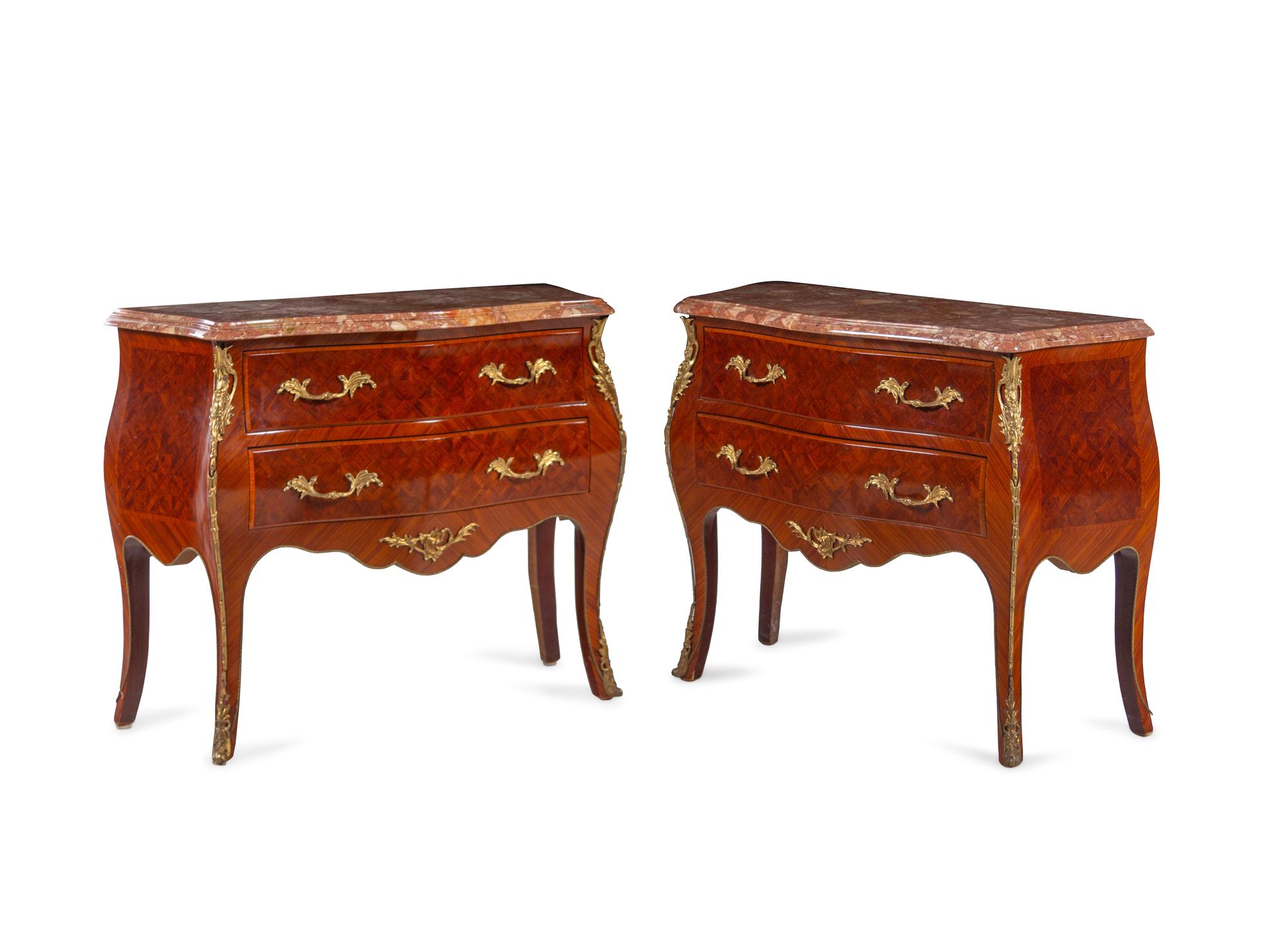 A Near Pair of Louis XV Style Gilt Metal Mounted Parquetry Marble-Top Commodes