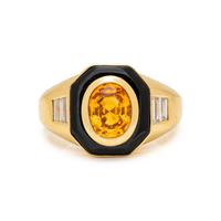 CRAIG DRAKE, YELLOW GOLD, ORANGE SAPPHIRE, ONYX, AND DIAMOND RING