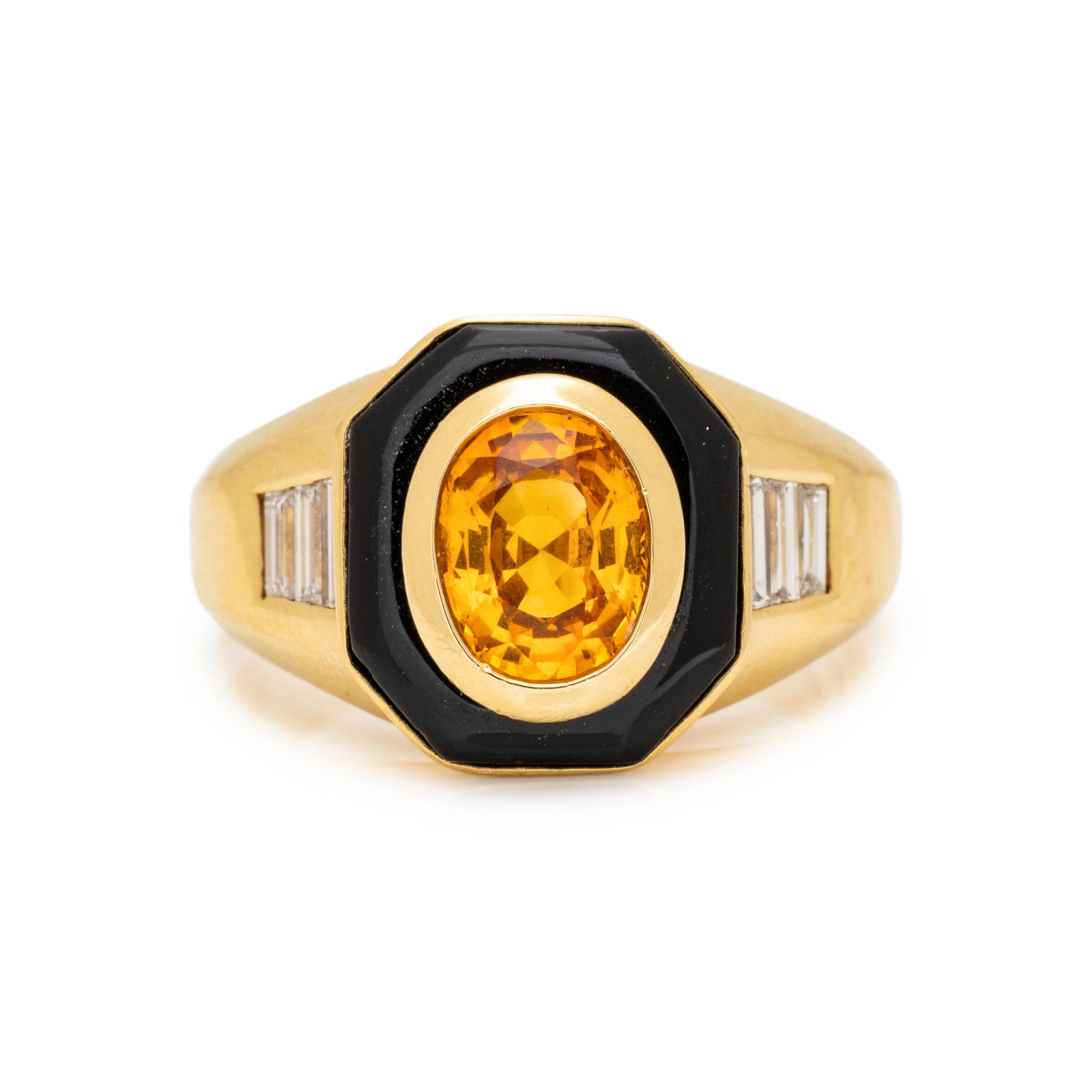 CRAIG DRAKE, YELLOW GOLD, ORANGE SAPPHIRE, ONYX, AND DIAMOND RING