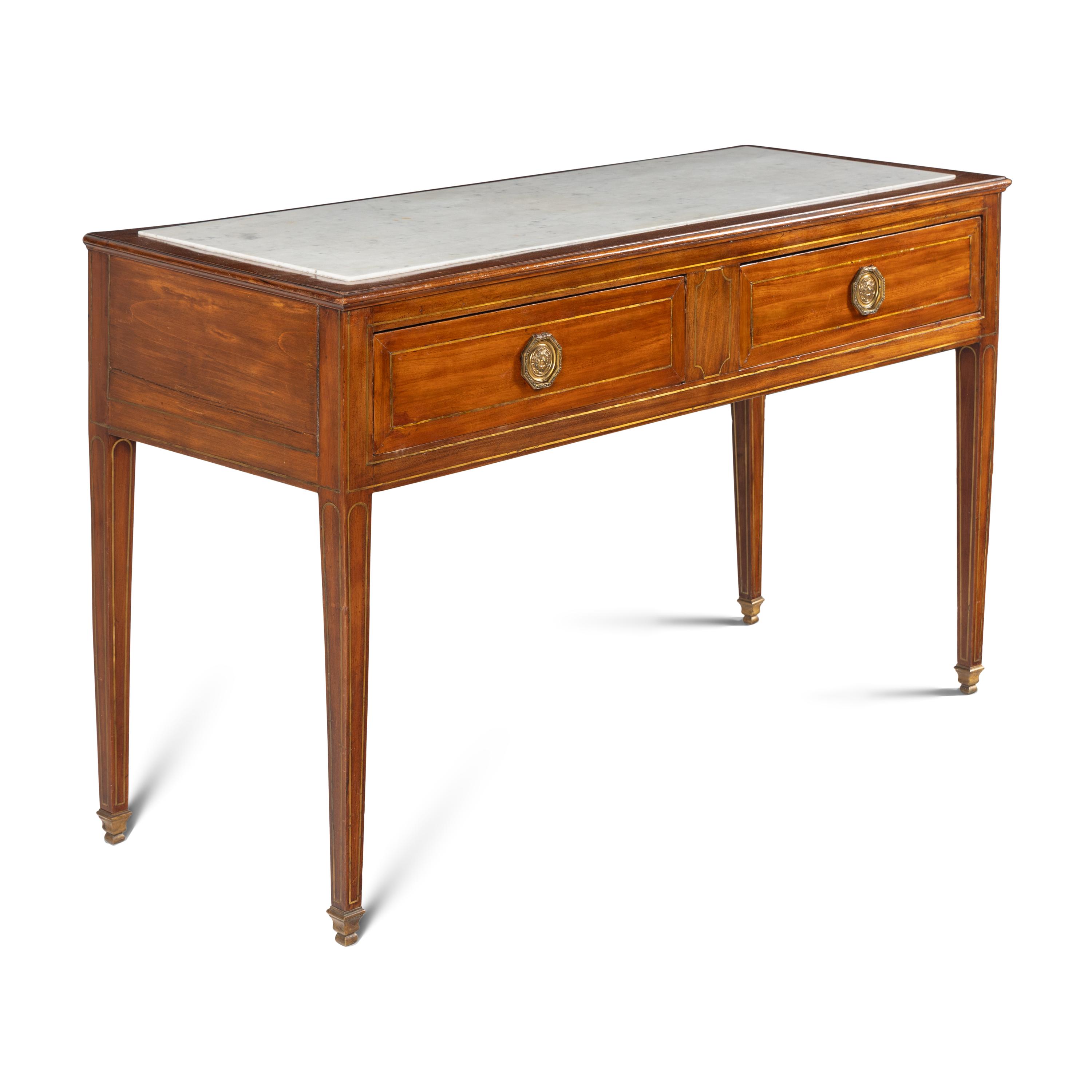 A Continental Brass Inlaid Mahogany Marble Top Serving Table