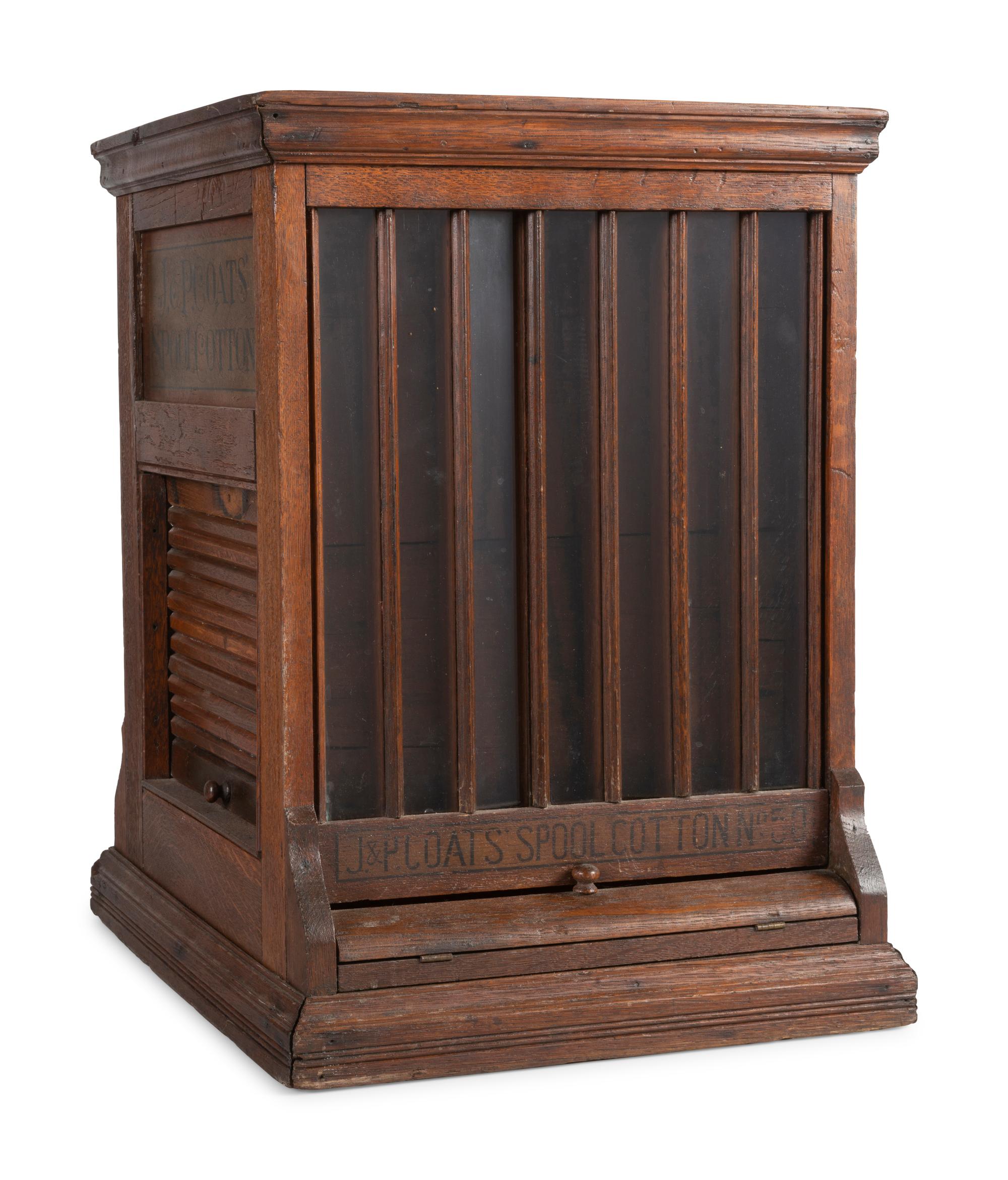 A J. & P. Coats Stenciled Oak Spool Cabinet