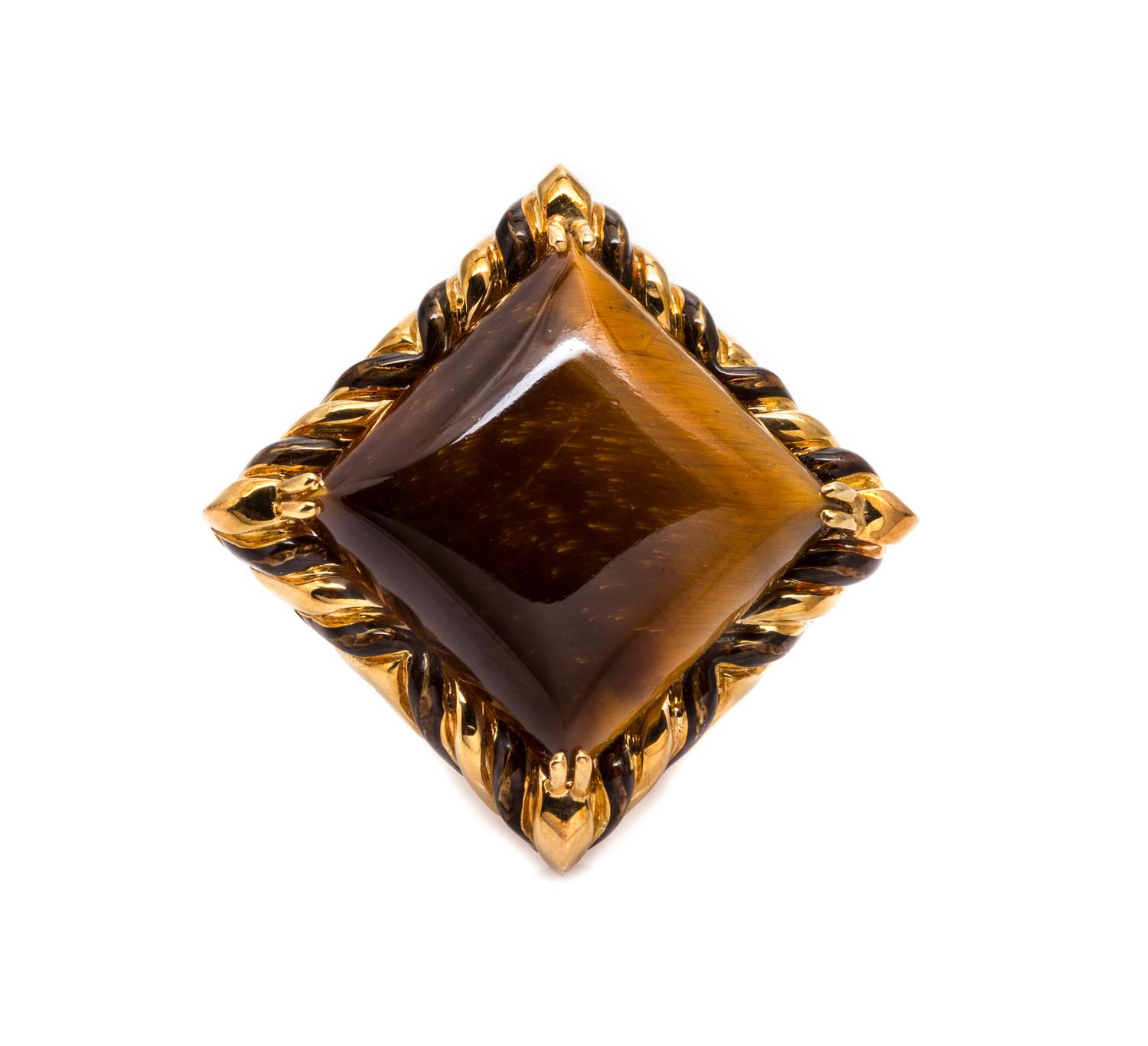 An 18 Karat Yellow Gold, Tiger's Eye Quartz and Enamel Ring, David Webb, 18.10 dwts.
