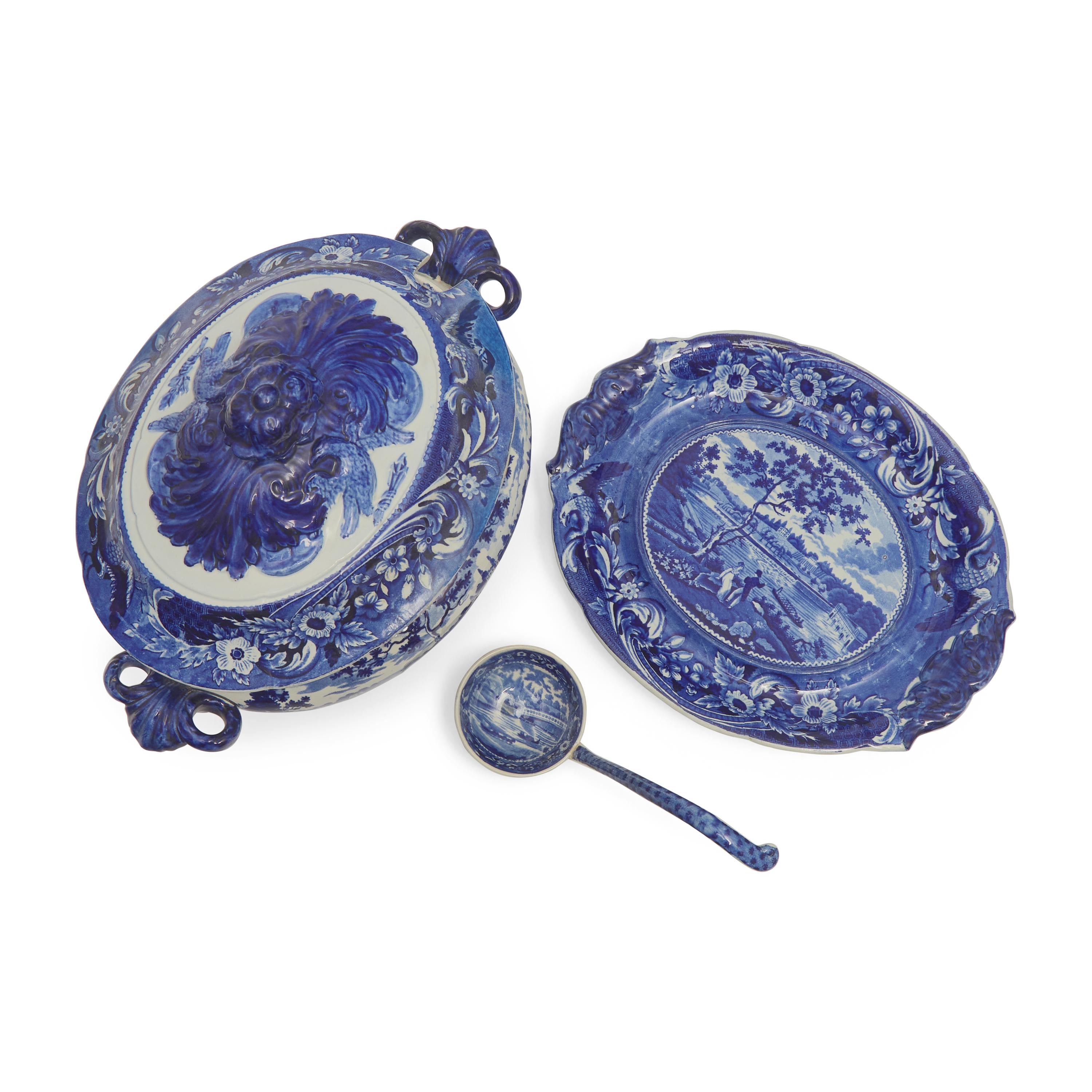 A Staffordshire Historical Blue Transferware Fair Mount Near Philadelphia Covered Soup Tureen, Stand and Ladle, Joseph Stubbs, Burslem, 1790-1829