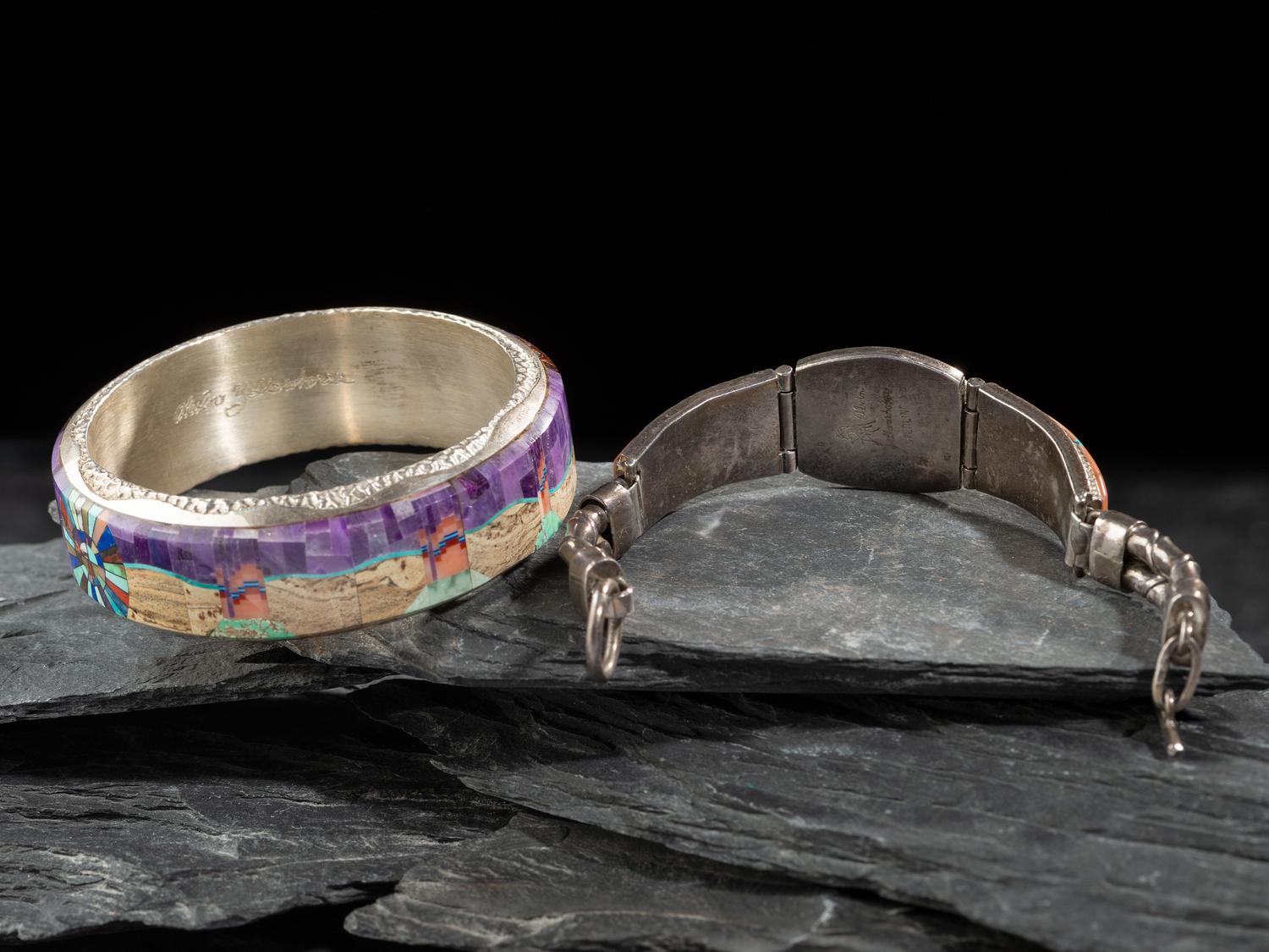 Pair of Sterling Silver and Mosaic Inlay Bangle and Link Bracelets
