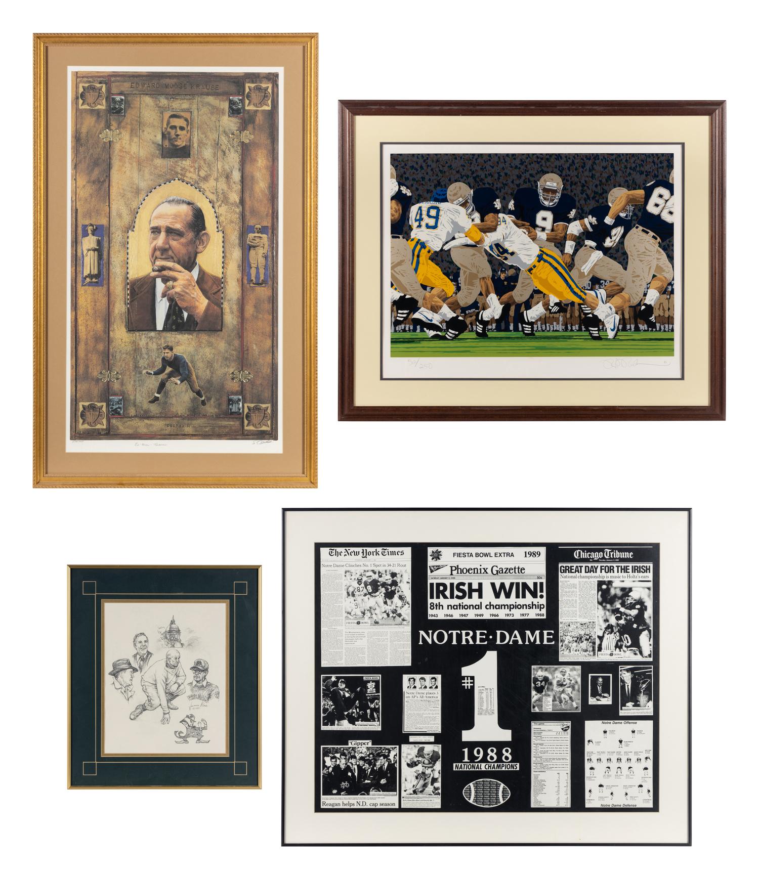 A Group of Notre Dame Artworks Including a Signed Heisman Trophy Lithograph