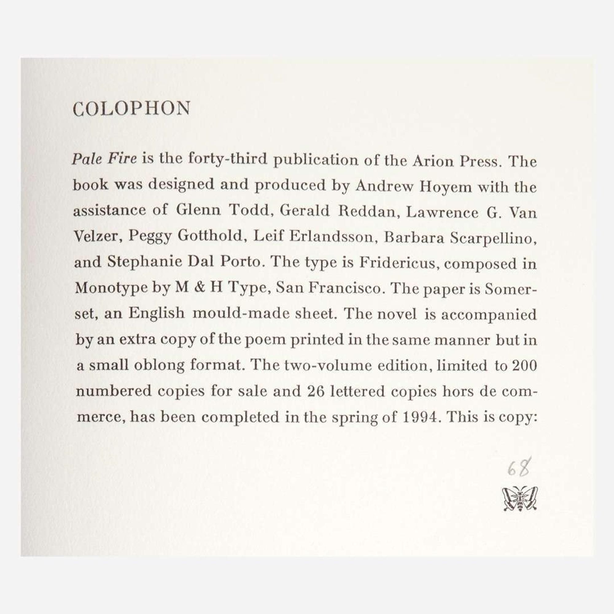 [Private Press] [Arion Press, The] Nabokov, Vladimir Pale Fire