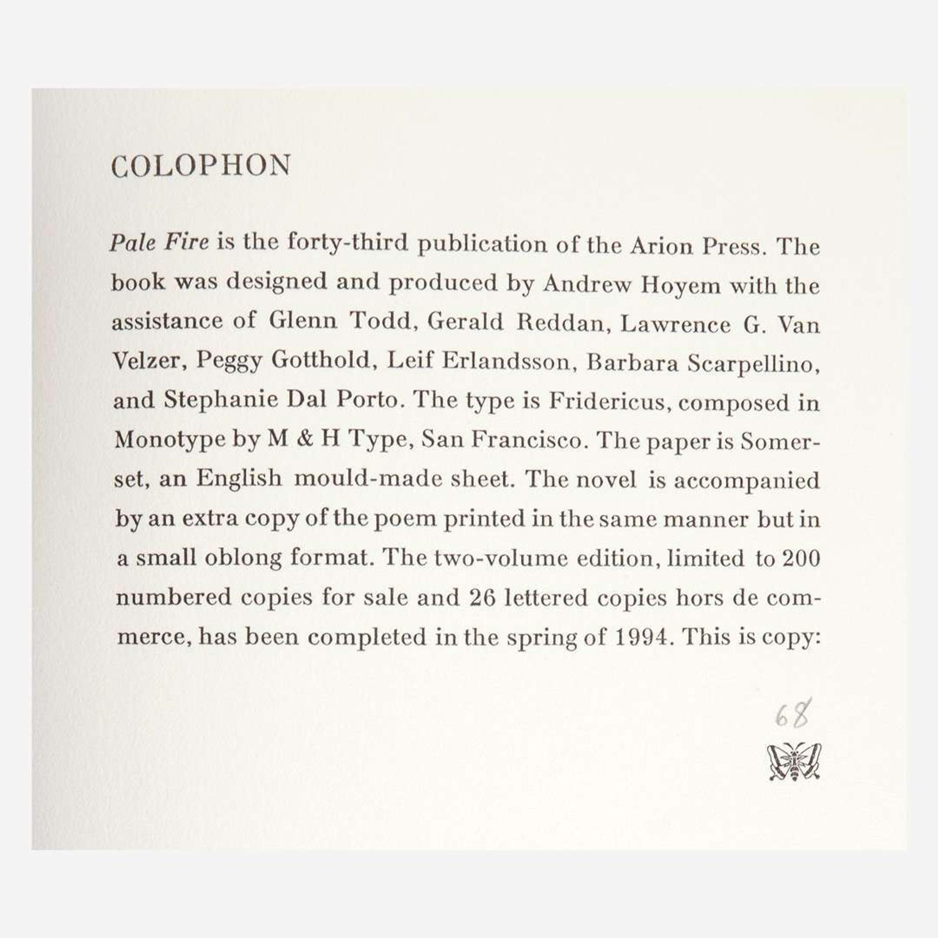 [Private Press] [Arion Press, The] Nabokov, Vladimir Pale Fire