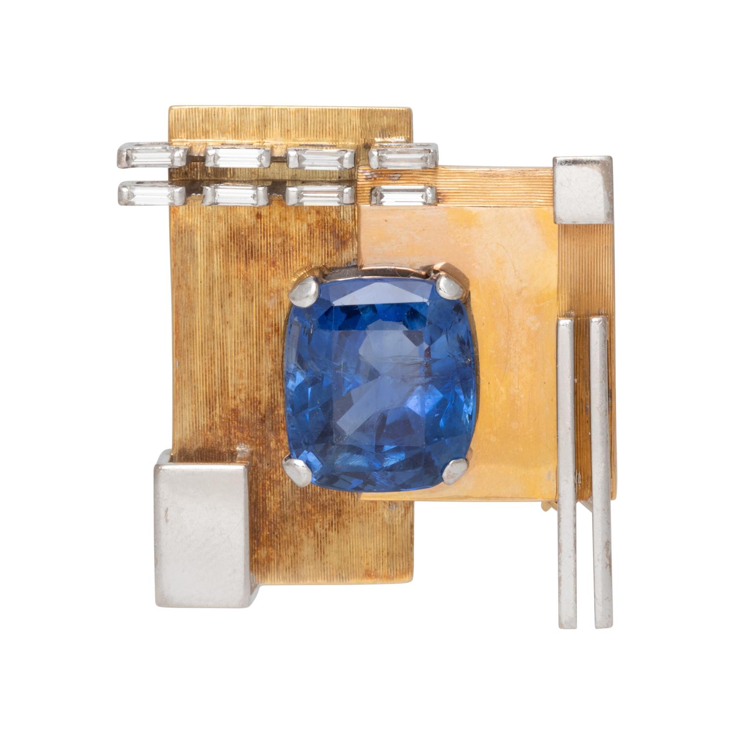 GILLIAN PACKARD, MODERNIST, BICOLOR GOLD, UNHEATED CEYLON SAPPHIRE AND DIAMOND BROOCH