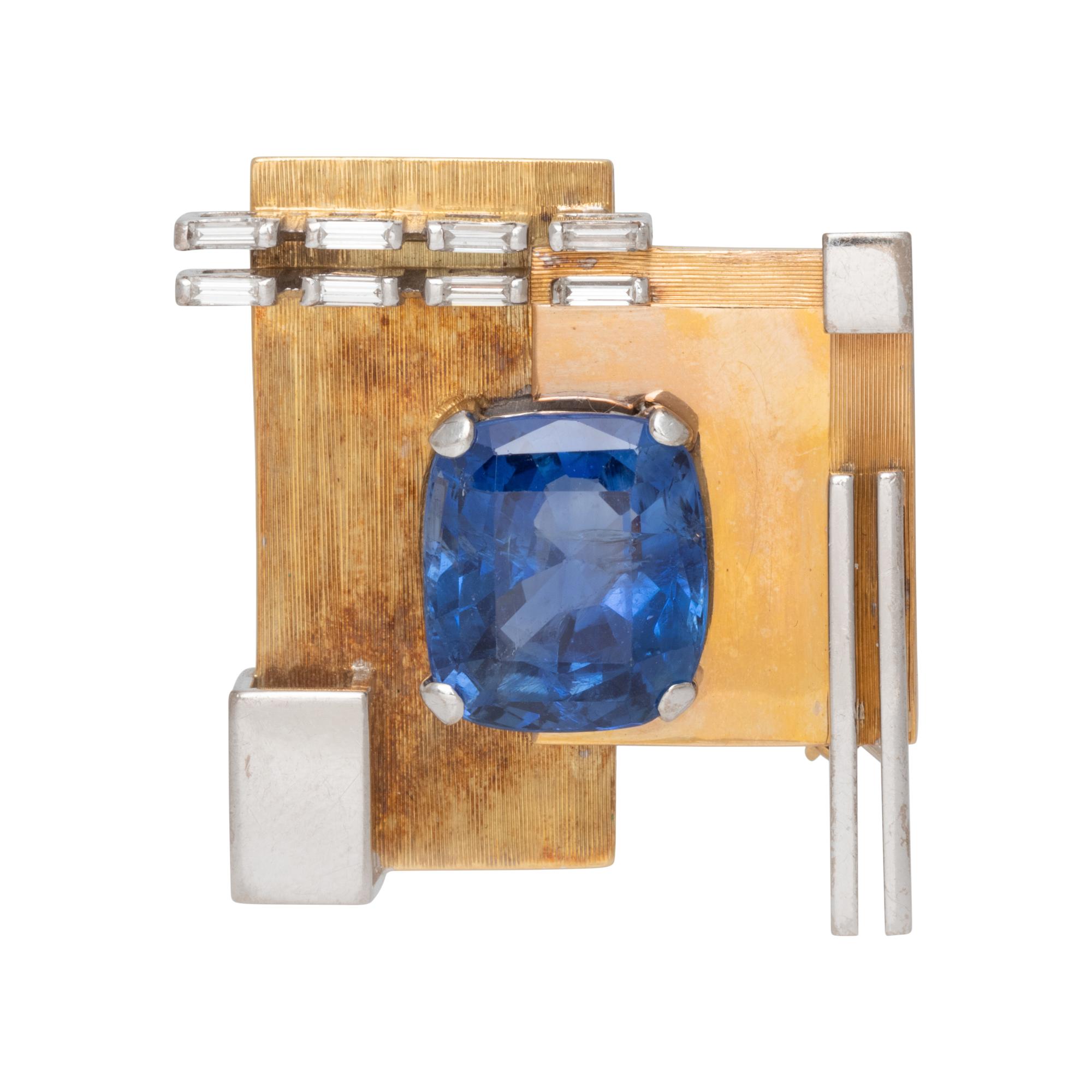 GILLIAN PACKARD, MODERNIST, BICOLOR GOLD, UNHEATED CEYLON SAPPHIRE AND DIAMOND BROOCH