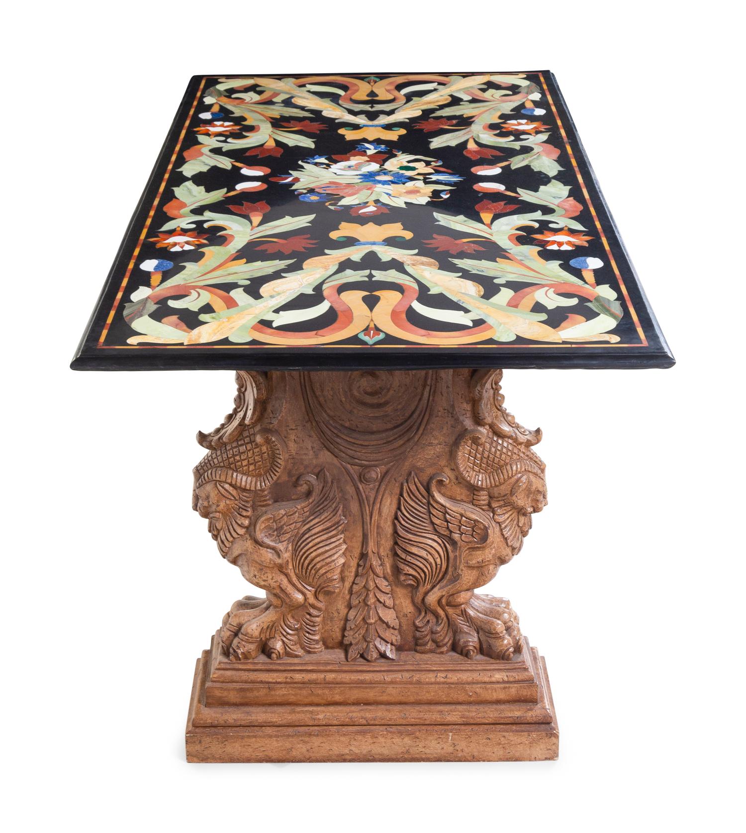 An Indian Pietra Dura Tabletop on an Associated Pair of Renaissance Revival Trestles