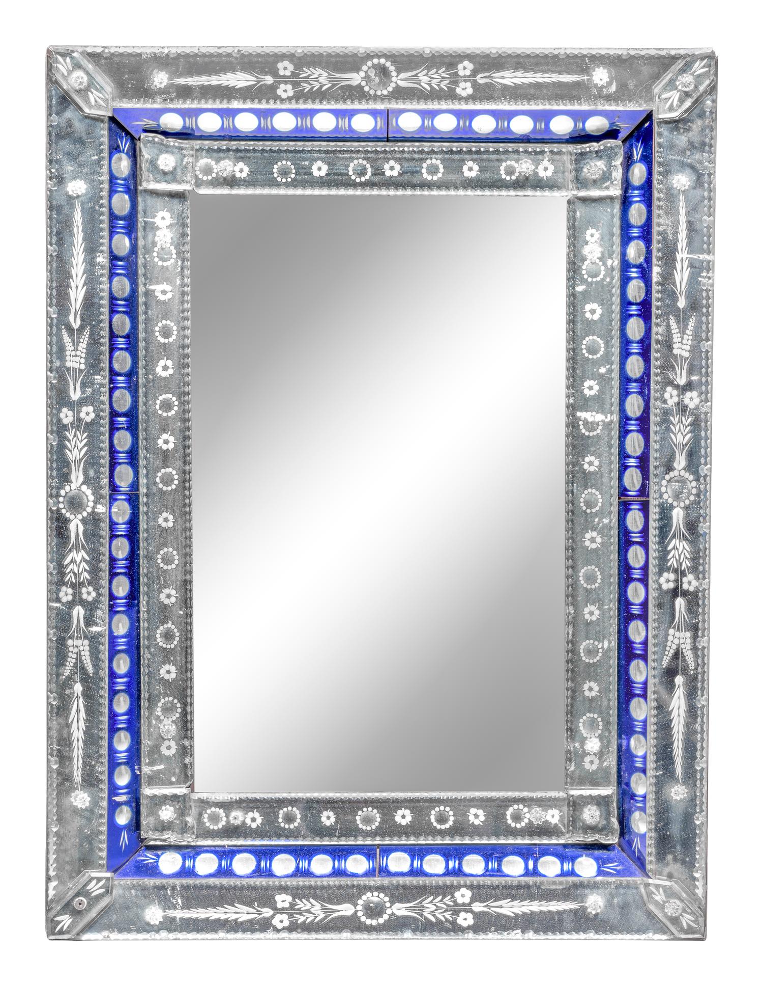 A Venetian Etched and Cobalt Glass Mirror
