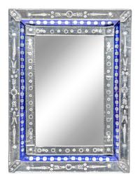 A Venetian Etched and Cobalt Glass Mirror