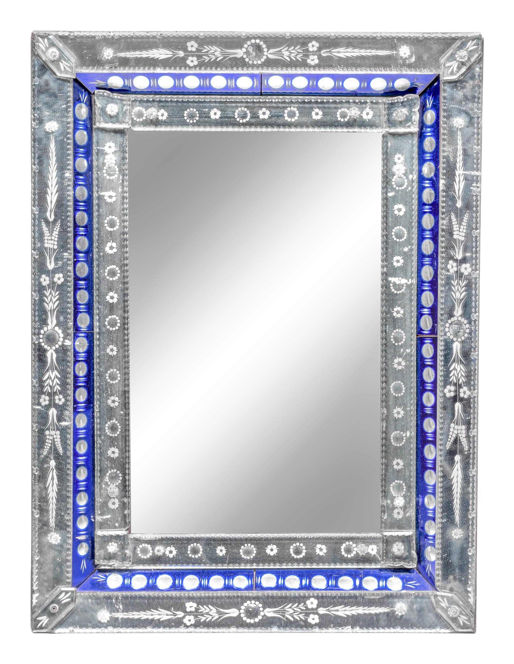 A Venetian Etched and Cobalt Glass Mirror