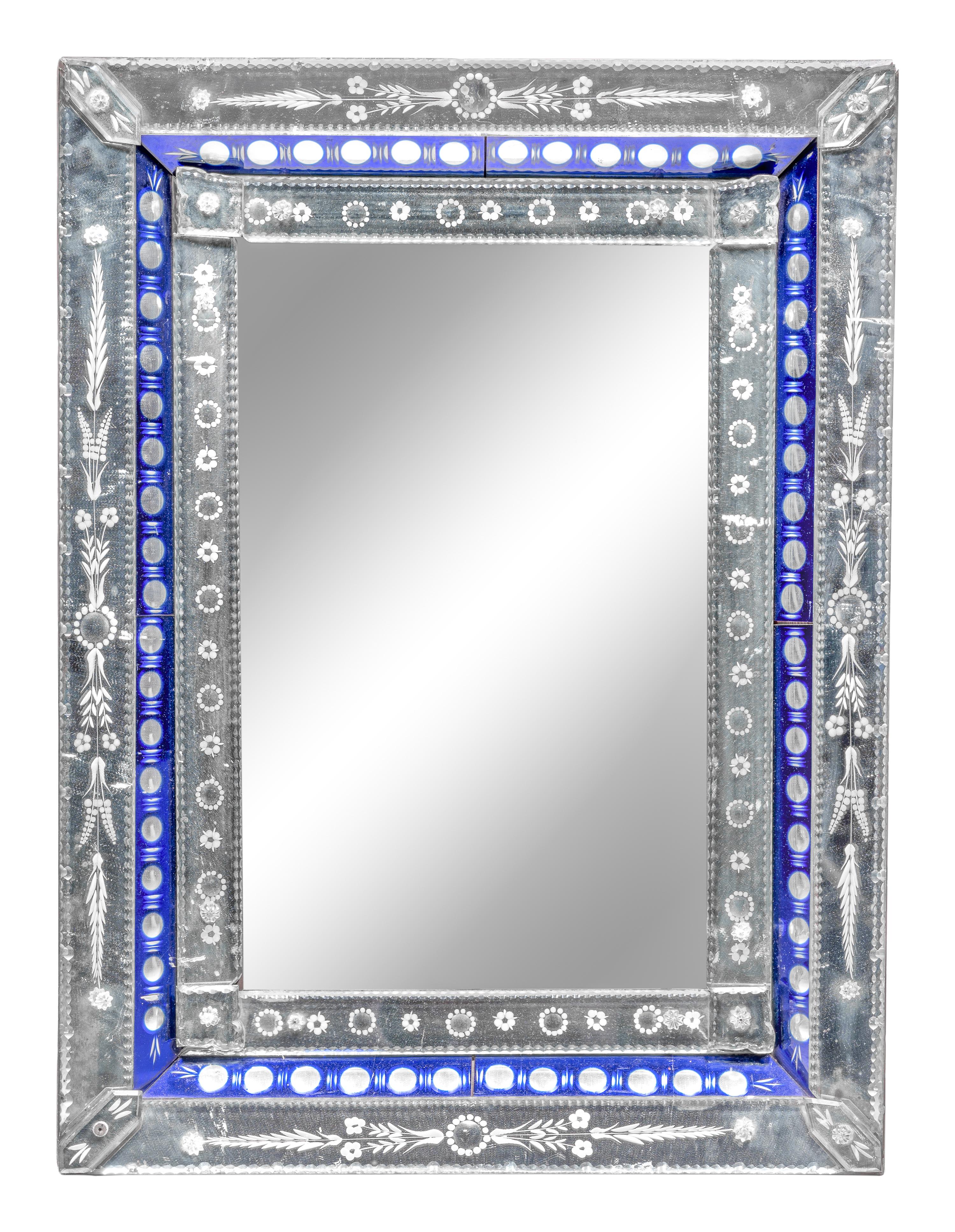 A Venetian Etched and Cobalt Glass Mirror