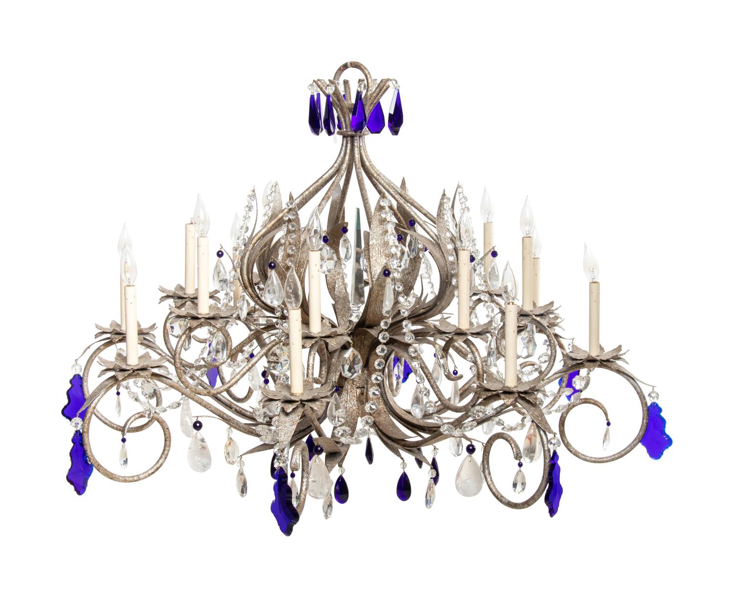 A Set of Three Large Metal and Glass Sixteen-Light Chandeliers