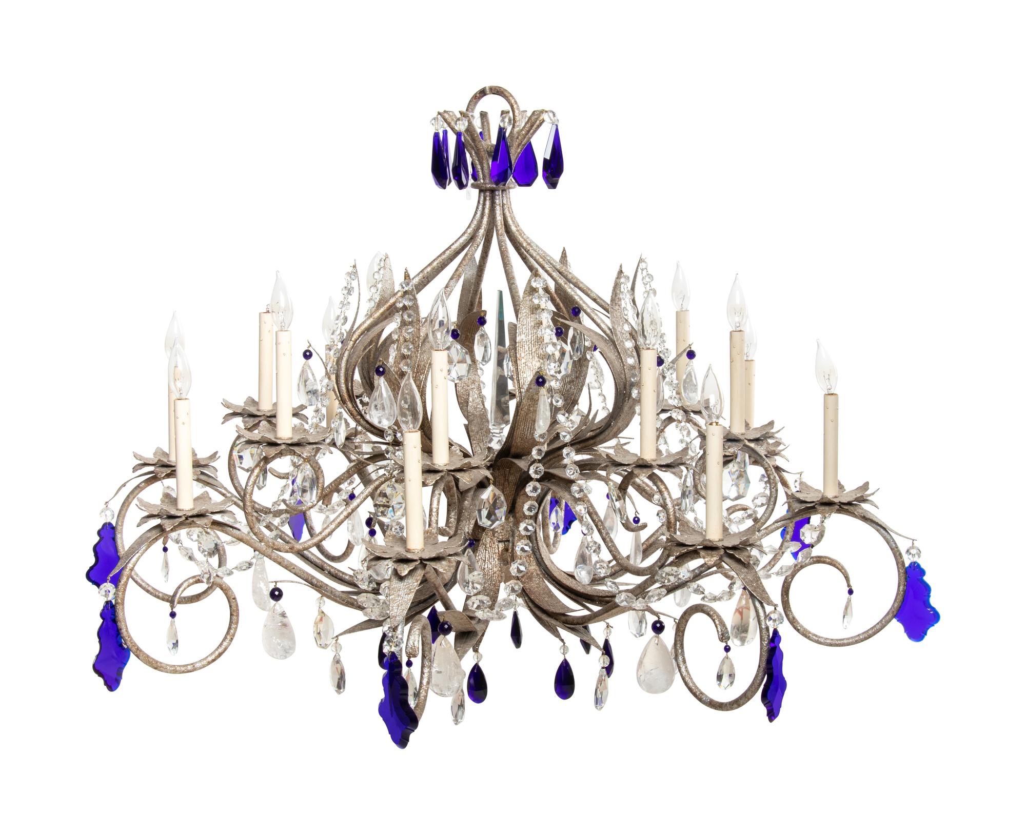 A Set of Three Large Metal and Glass Sixteen-Light Chandeliers