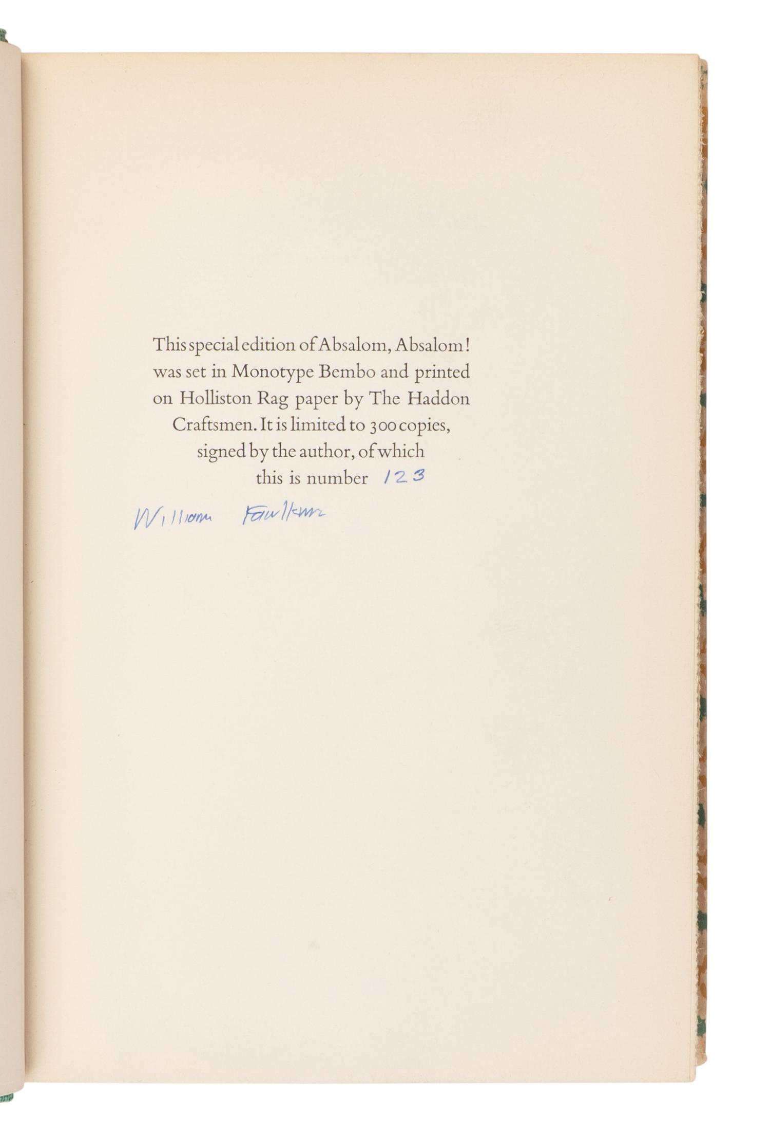FAULKNER, William (1897-1962). Absalom, Absalom! New York: Random House, 1936.