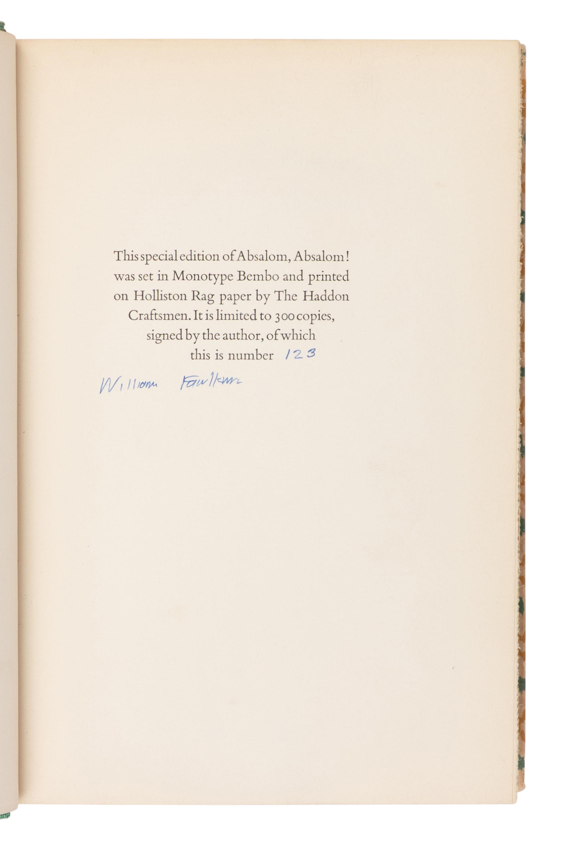 FAULKNER, William (1897-1962). Absalom, Absalom! New York: Random House, 1936.