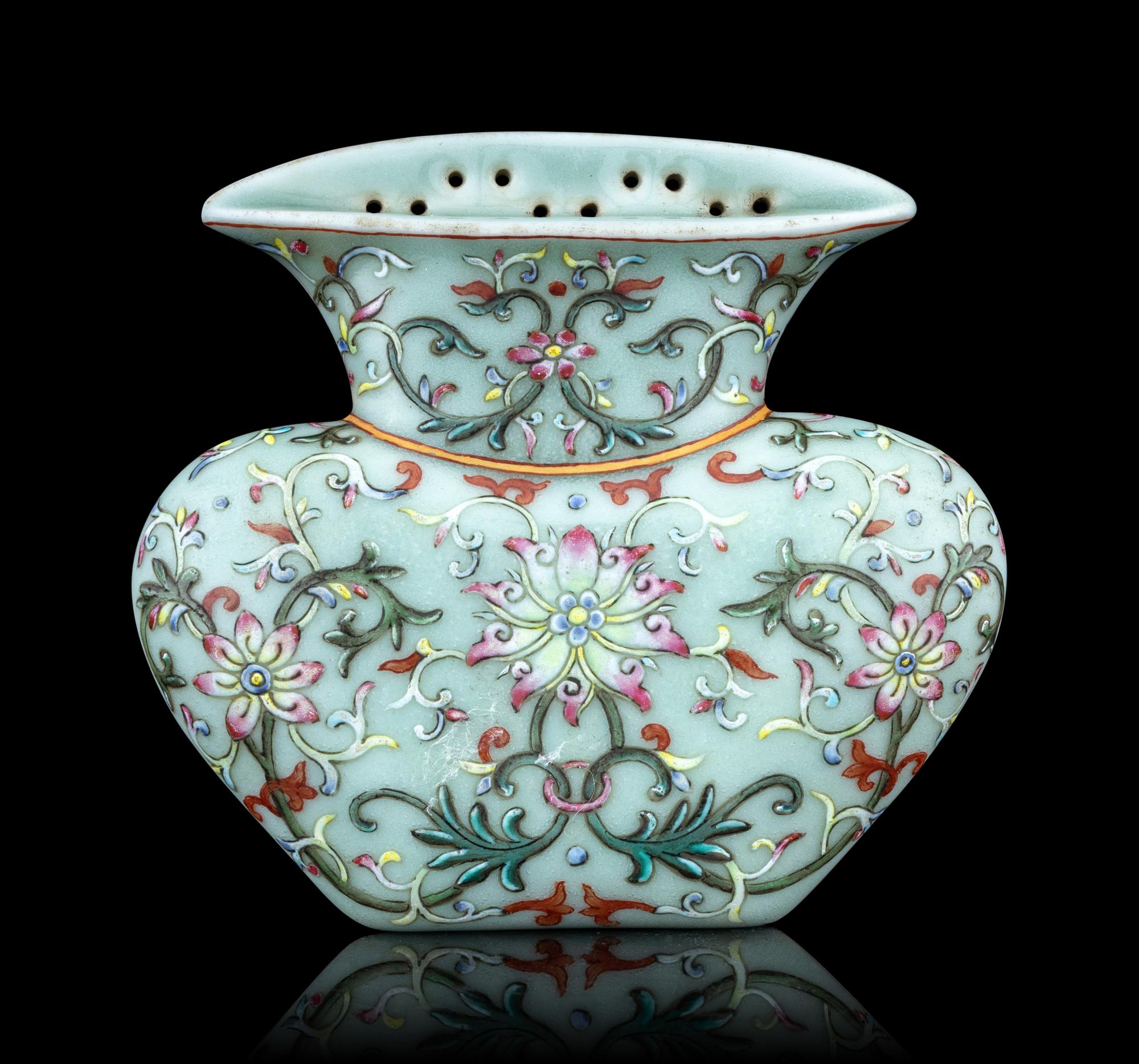 A Celadon Ground Famille Rose Porcelain Wall Vase
