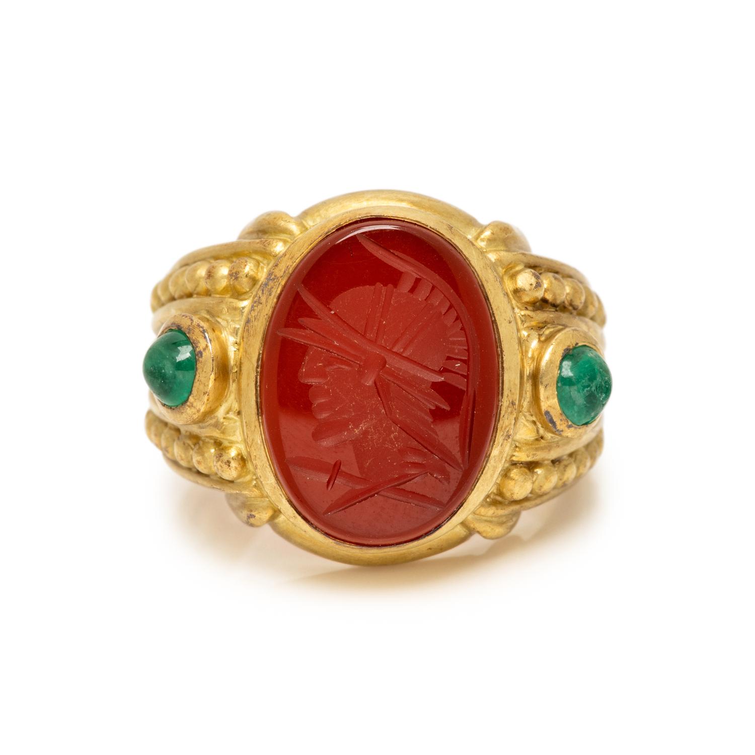 JUDITH RIPKA, YELLOW GOLD, CARNELIAN AND EMERALD INTAGLIO RING