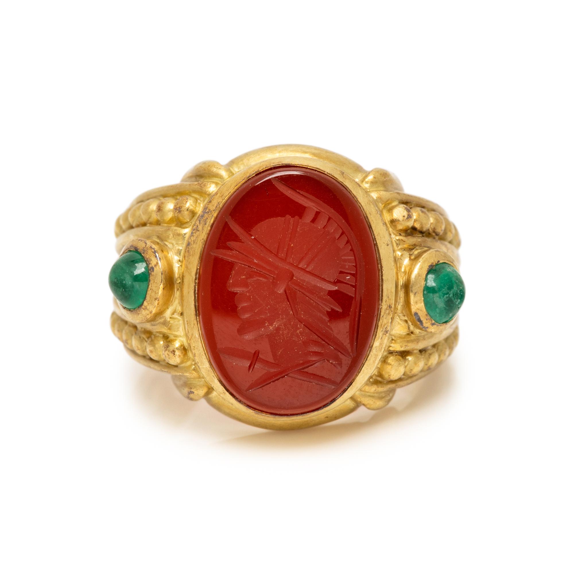 JUDITH RIPKA, YELLOW GOLD, CARNELIAN AND EMERALD INTAGLIO RING