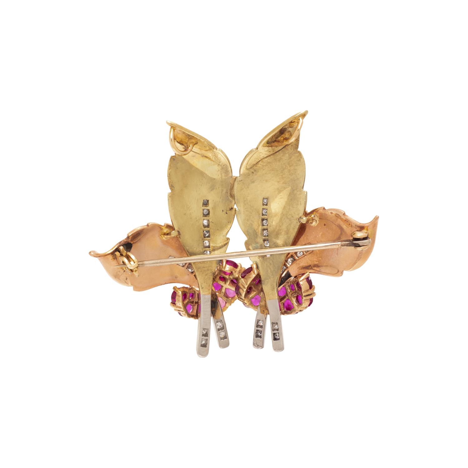 TRICOLOR GOLD, RUBY, AND DIAMOND BROOCH