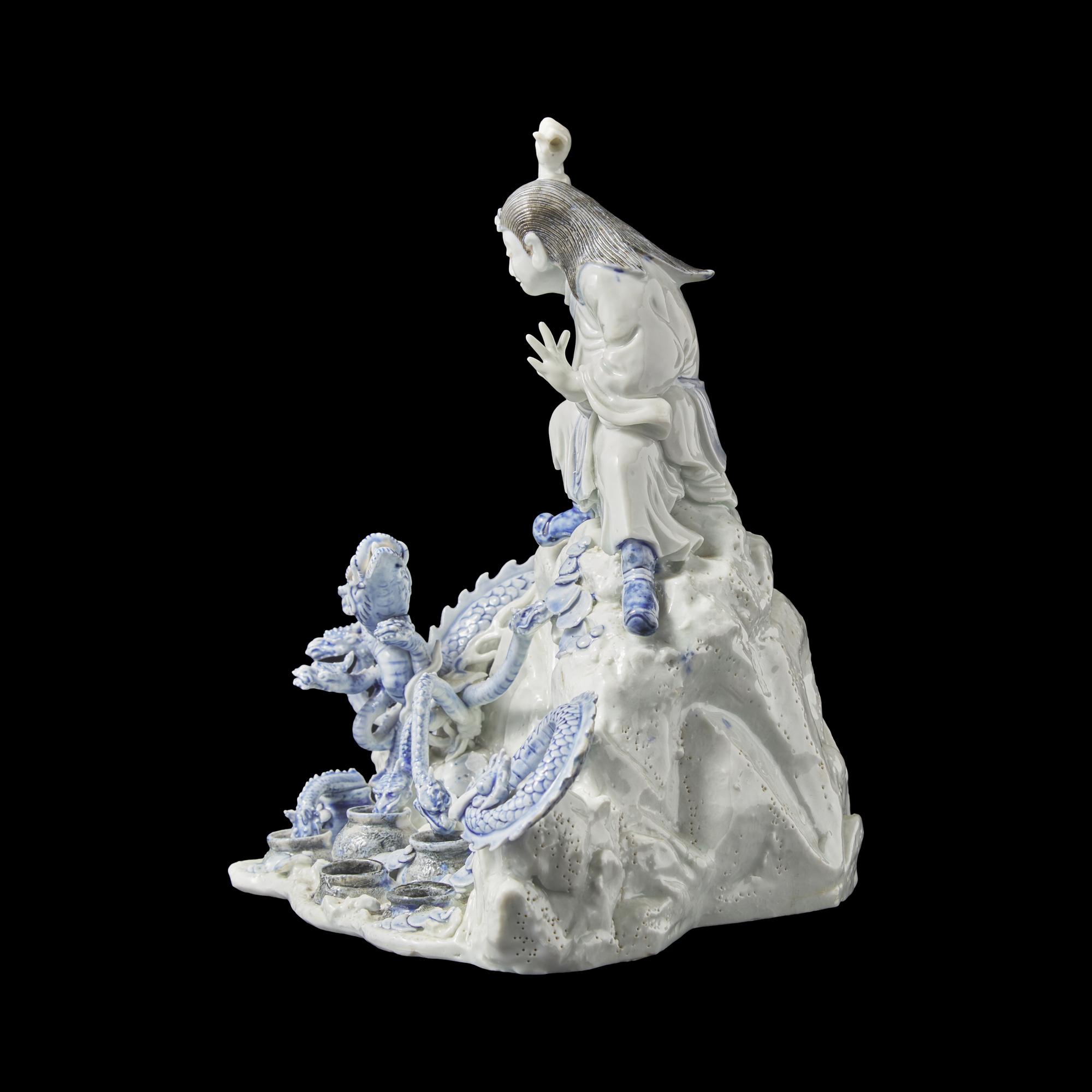 An Unusual Japanese Hirado Porcelain Okimono of Susa-no-o Slaying the Eight-Headed Dragon 日本明治時代 平戶燒九頭龍大神像