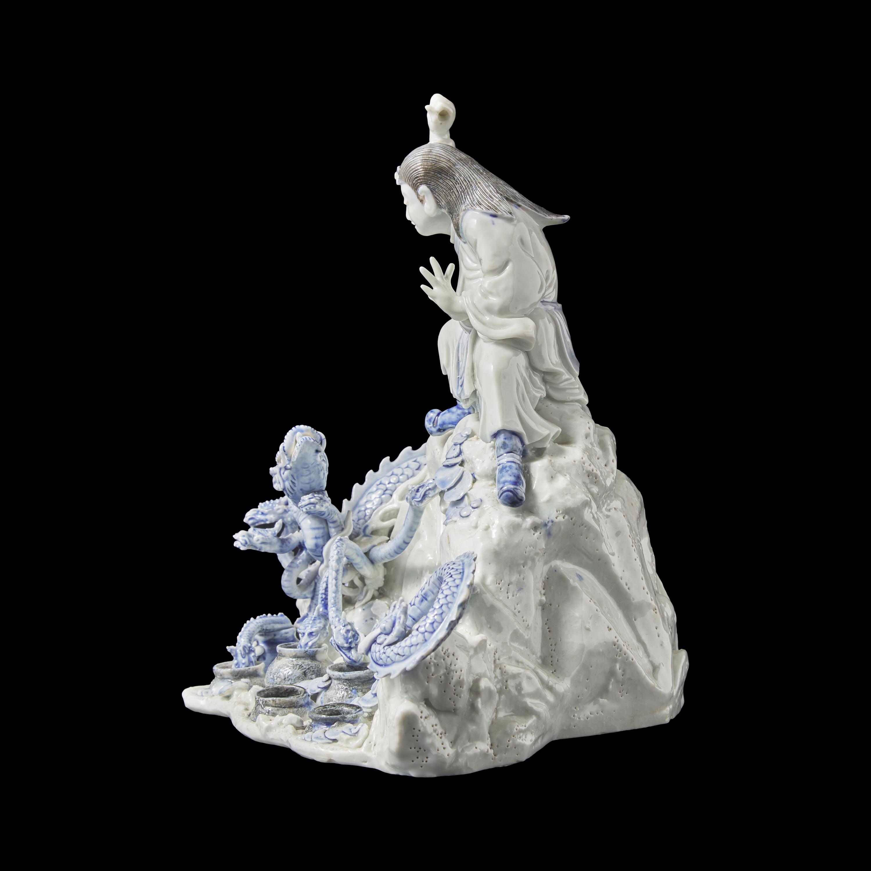 An Unusual Japanese Hirado Porcelain Okimono of Susa-no-o Slaying the Eight-Headed Dragon 日本明治時代 平戶燒九頭龍大神像