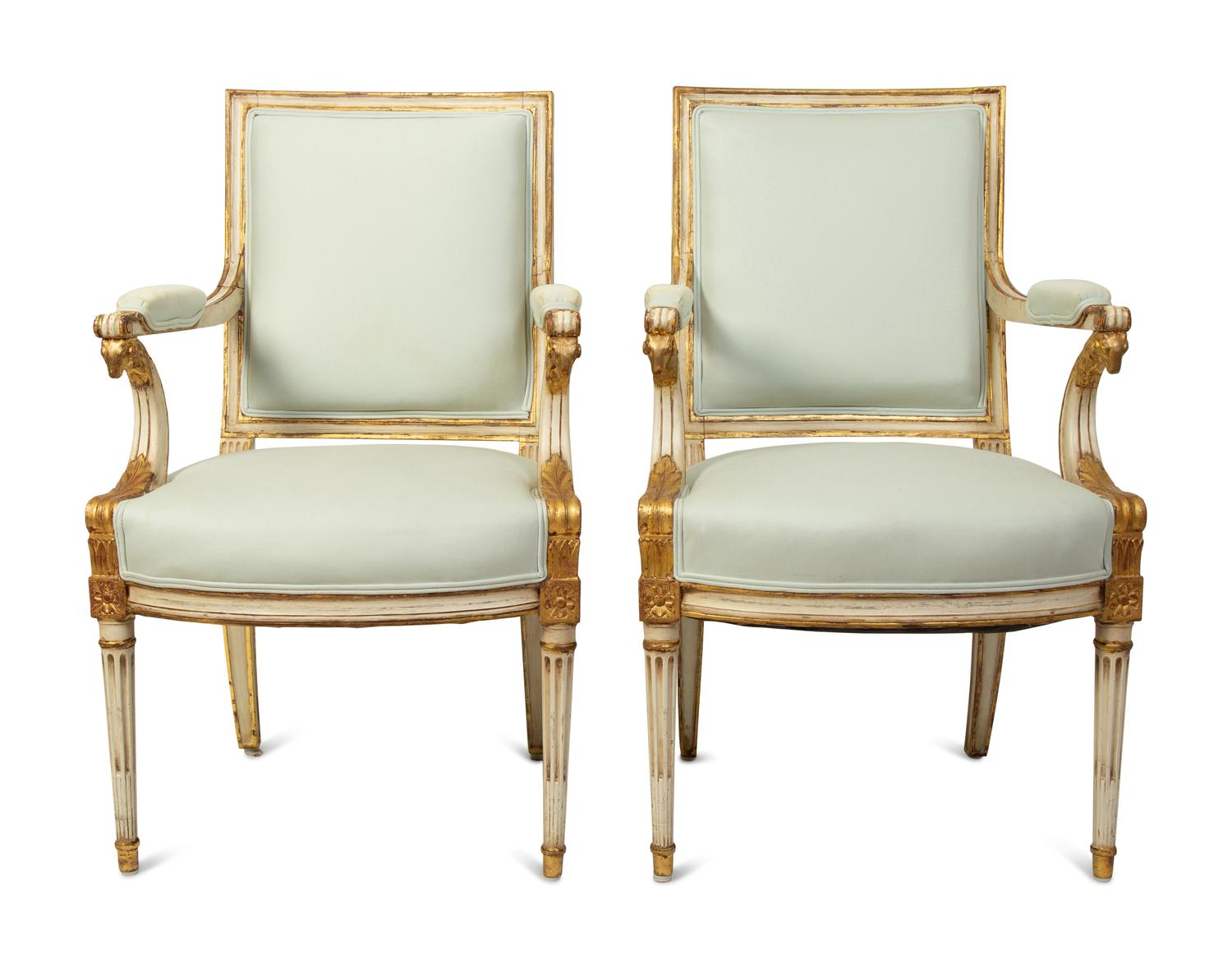 A Pair of Swedish Neoclassical Style Painted and Parcel-Gilt Armchairs — 19TH CENTURY