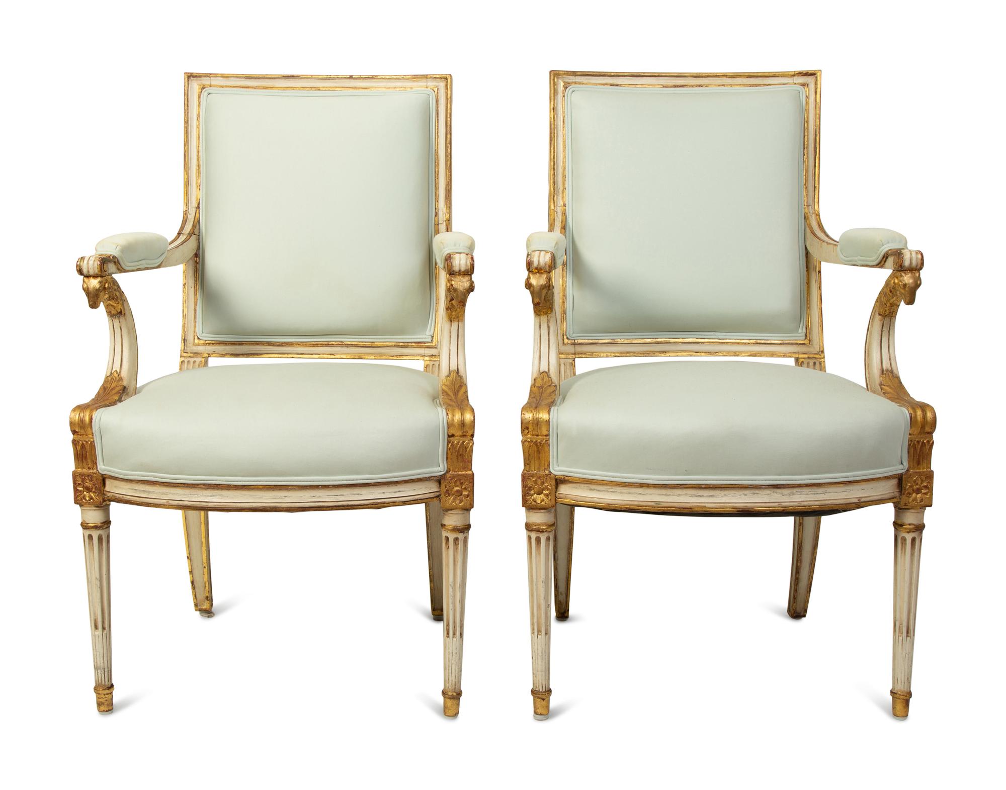 A Pair of Swedish Neoclassical Style Painted and Parcel-Gilt Armchairs — 19TH CENTURY