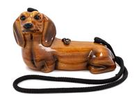 A Timmy Woods Hand Carved Brown Wood Dachshund Handbag, 5.5" L x 11" W x 4.5" D; Strap drop: 24".