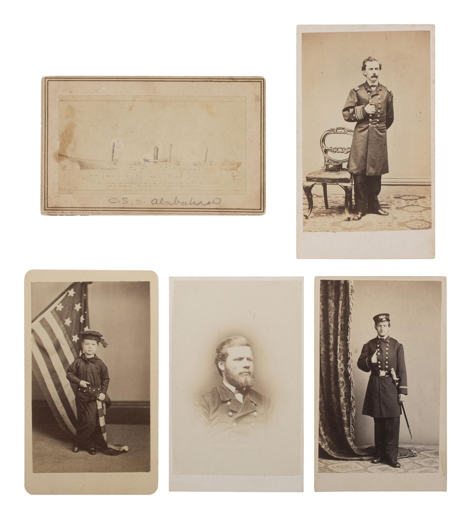 [CIVIL WAR]. 13 CDVs & tintypes of Naval subjects, incl. CSS Alabama , Union officers, & sailors.