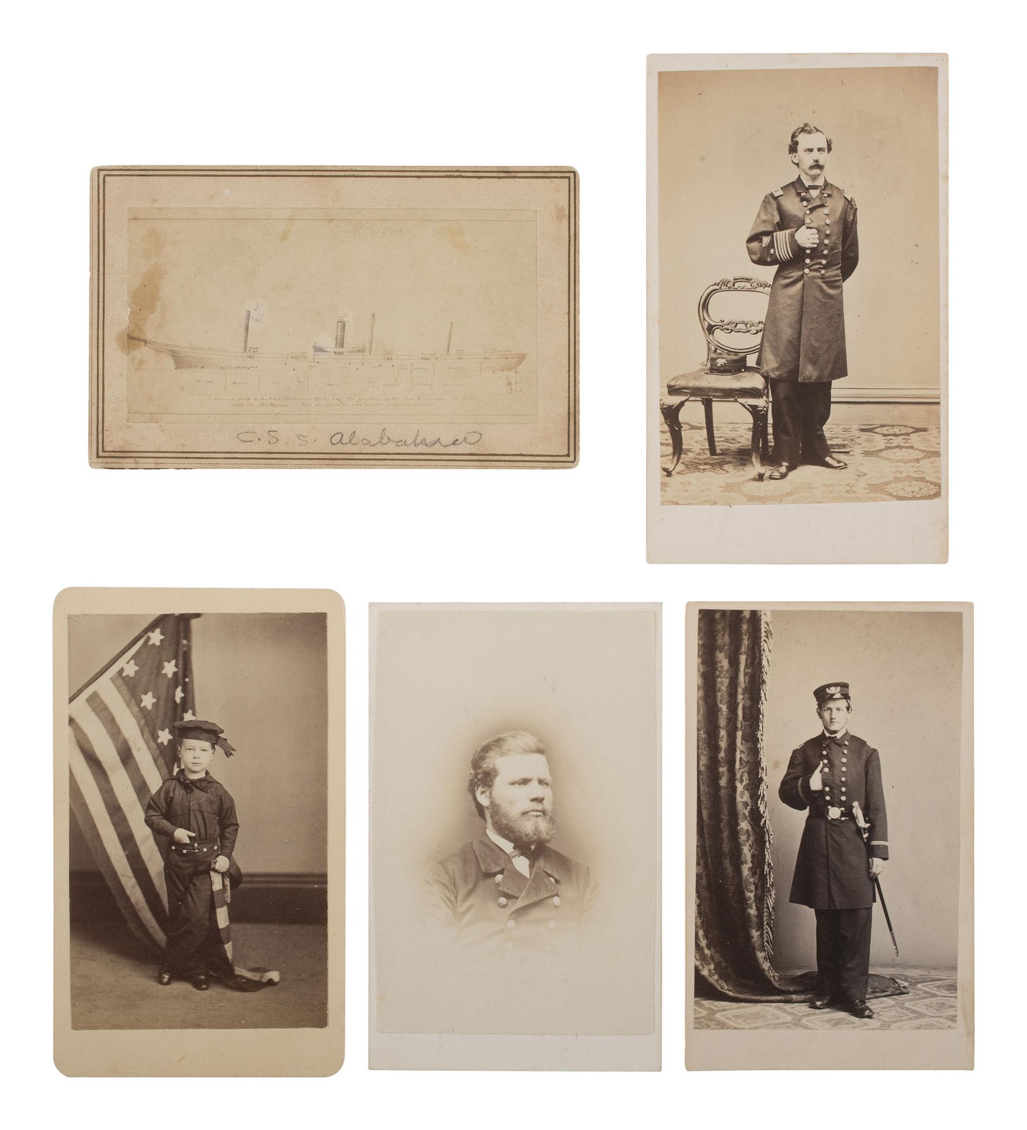 [CIVIL WAR]. 13 CDVs & tintypes of Naval subjects, incl. CSS Alabama , Union officers, & sailors.