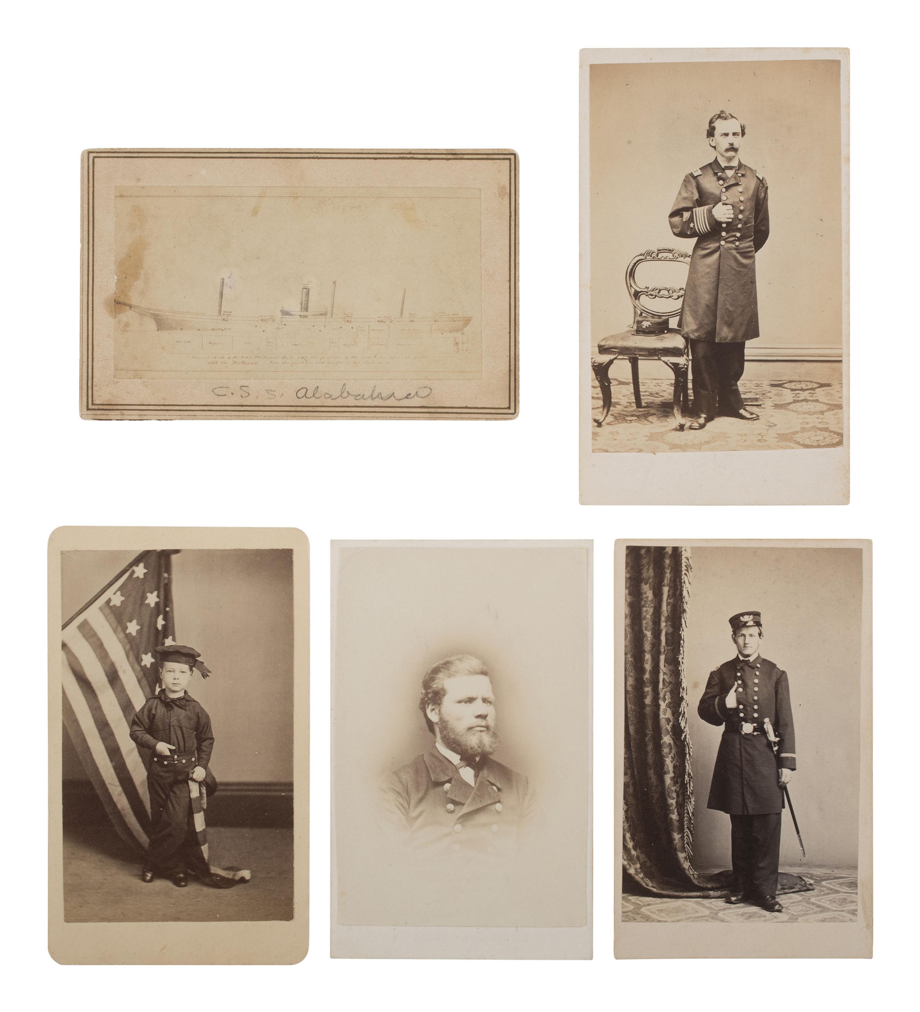 [CIVIL WAR]. 13 CDVs & tintypes of Naval subjects, incl. CSS Alabama , Union officers, & sailors.