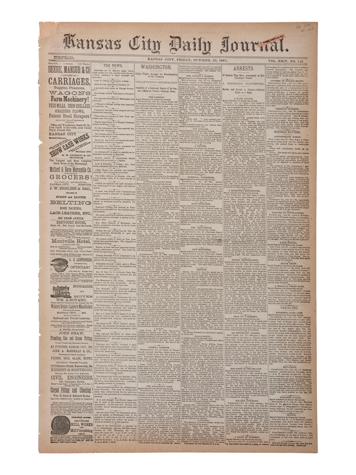[OUTLAWS & LAWMEN]. Kansas City Daily Journal . Vol. XXIV, No. 118. Kansas City: 28 October 1881. Front page coverage of the Gunfight at the OK Corral.