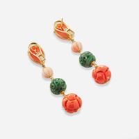 A Pair of 18K Yellow Gold, Jade, and Coral Earrings