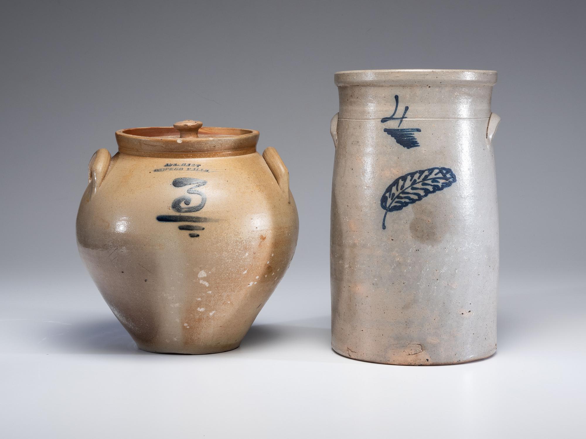Two Cobalt Decorated Stoneware Vessels