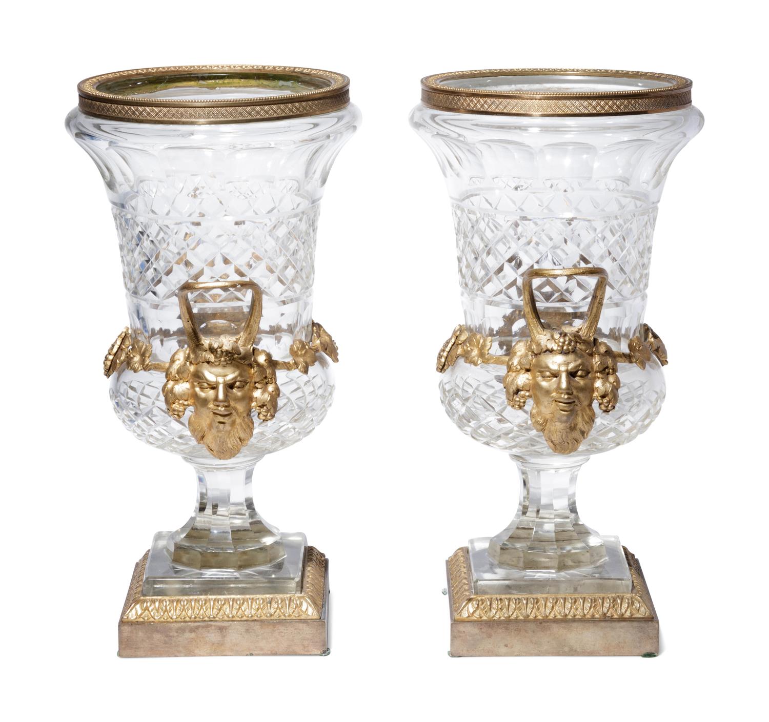 A Pair of George IV Gilt Bronze Mounted Cut Glass Urns