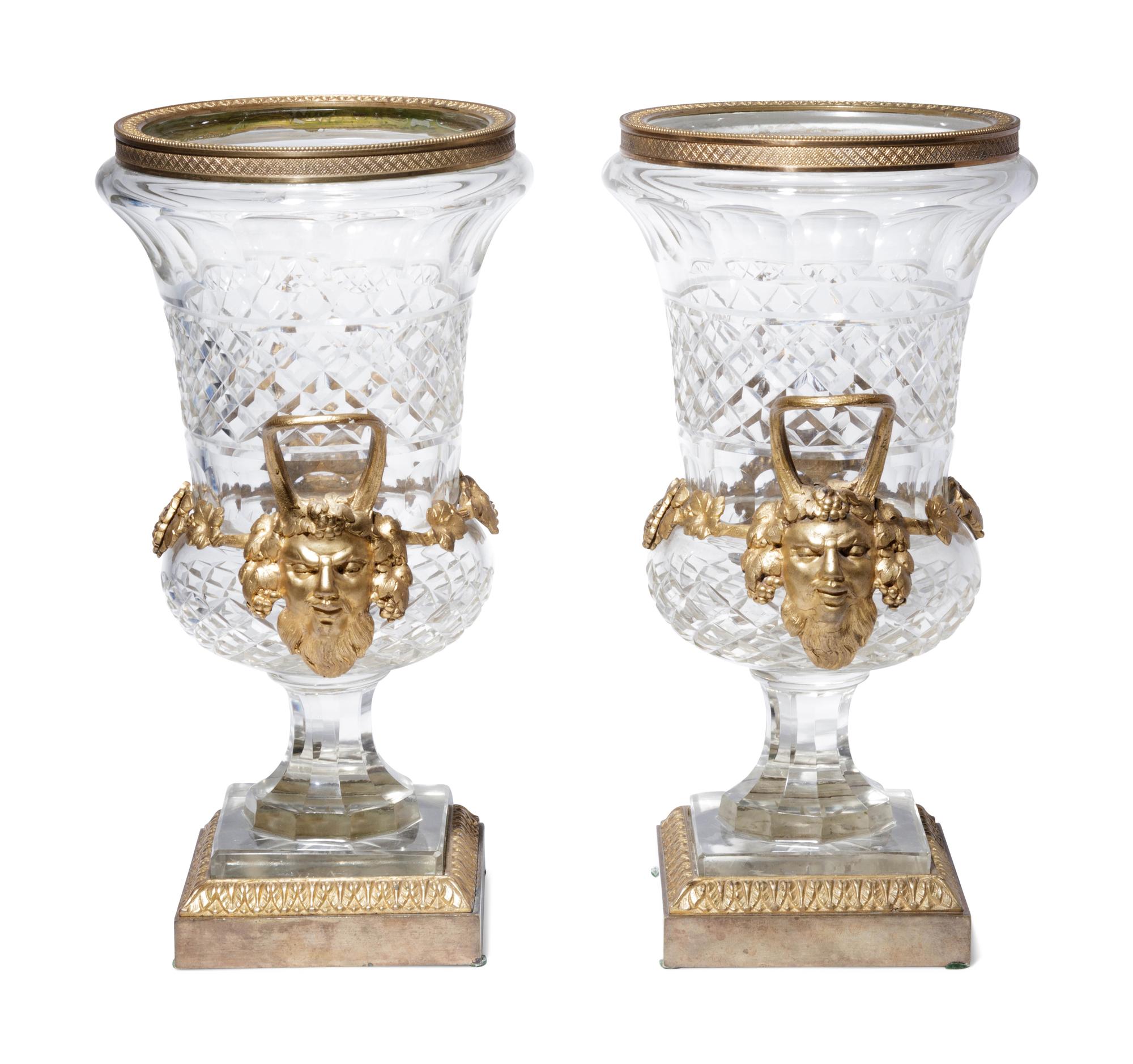 A Pair of George IV Gilt Bronze Mounted Cut Glass Urns