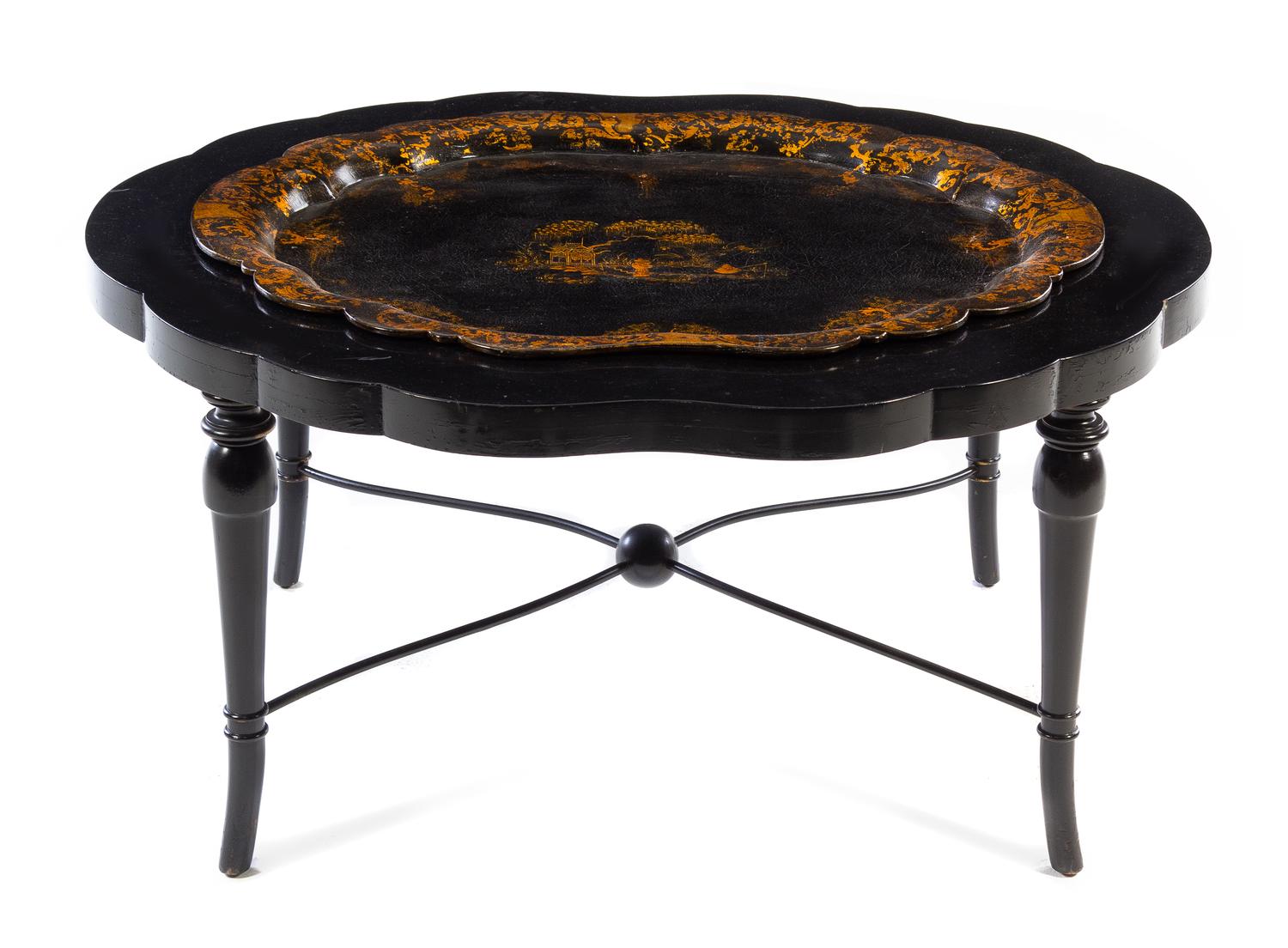 A French Painted Tole Tray on Stand Height 18 1/2 x width of tray 38 x depth 32 1/8 inches. — 20TH CENTURY